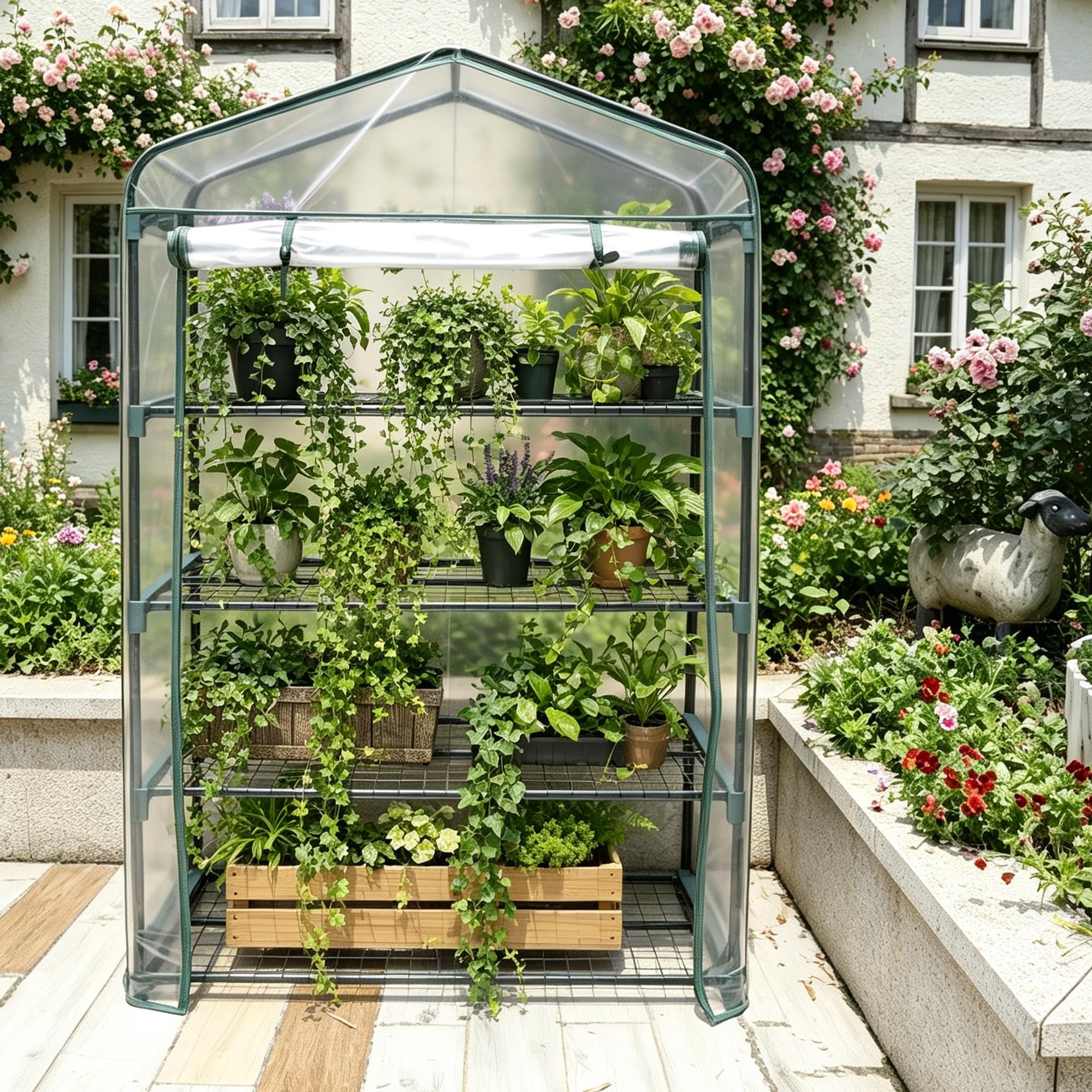 Mini Serre de Jardin 4 Niveaux 102x160x49 cm Couverture PVC Transparente Épaisse,Étagères Démontables,Serre Potager pour Légumes,Semis Serre Tomates de Jardin Exterieur Anti Insectes