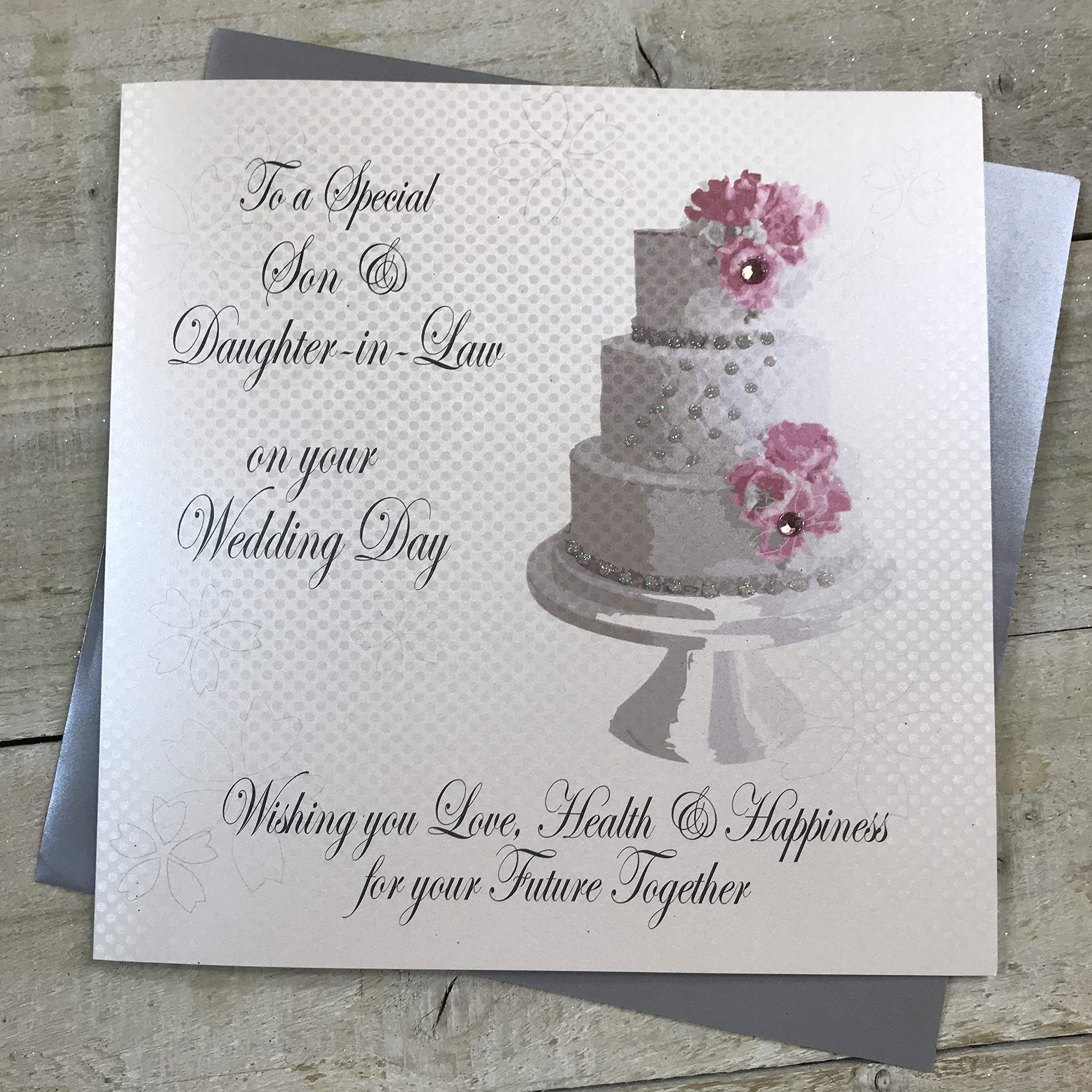 Handgemachte Hochzeitskarte Für Sohn & Schwiegertochter – 22x22 Cm, Weiß, Mit Strass, Leer Innen