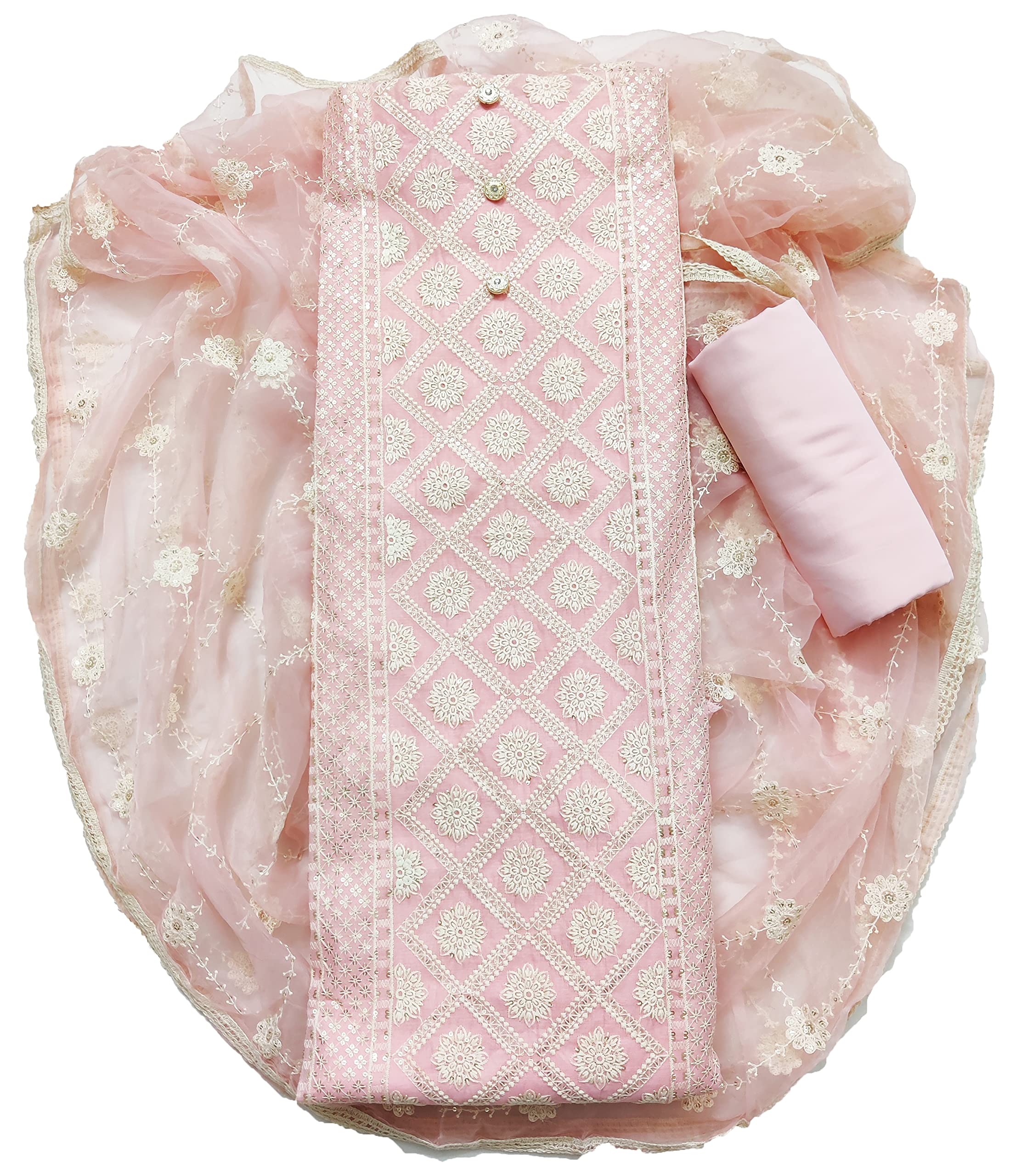 AAHIRAWomen Chanderi Cotton Unstitched Salwar Suit Dress Material, Lucknowi Sequence Embroidery Work With Organza Dupatta(Free Size)