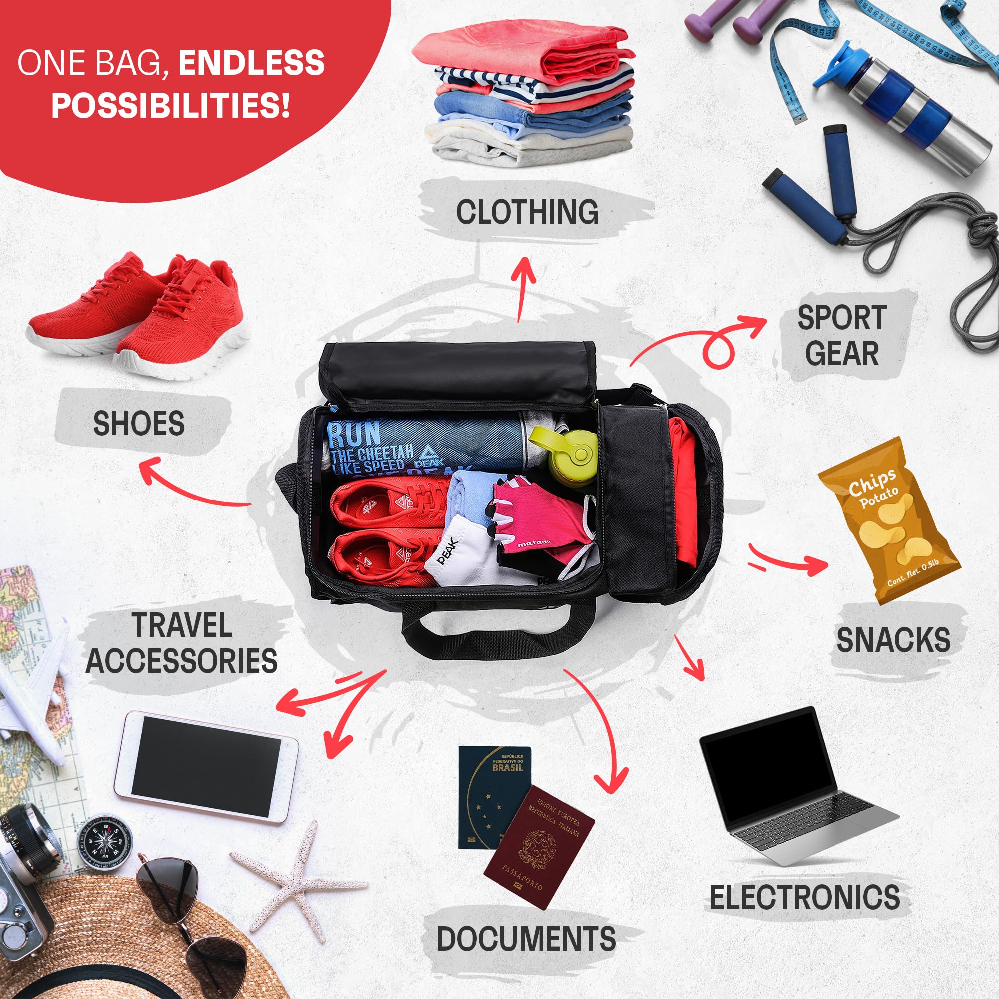 Meteor Borsa Palestra 20 L / 40 L – Borsone Sportivo Uomo Donna, Leggera e Resistente, con Tasca Laterale per Accessori, Ideale per Viaggi e Allenamento