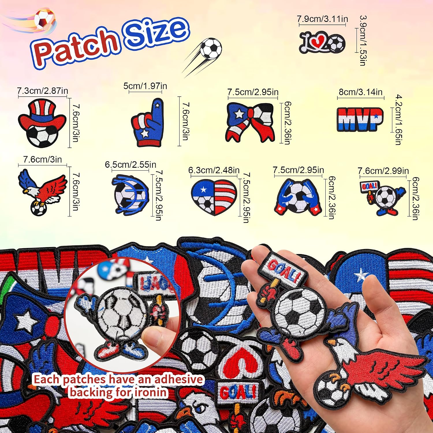 15Pcs USA Soccer Ball Iron on Patches, Soccer Embroidered Sew on Repair Applique Patches for Clothes Bags Hat Jackets