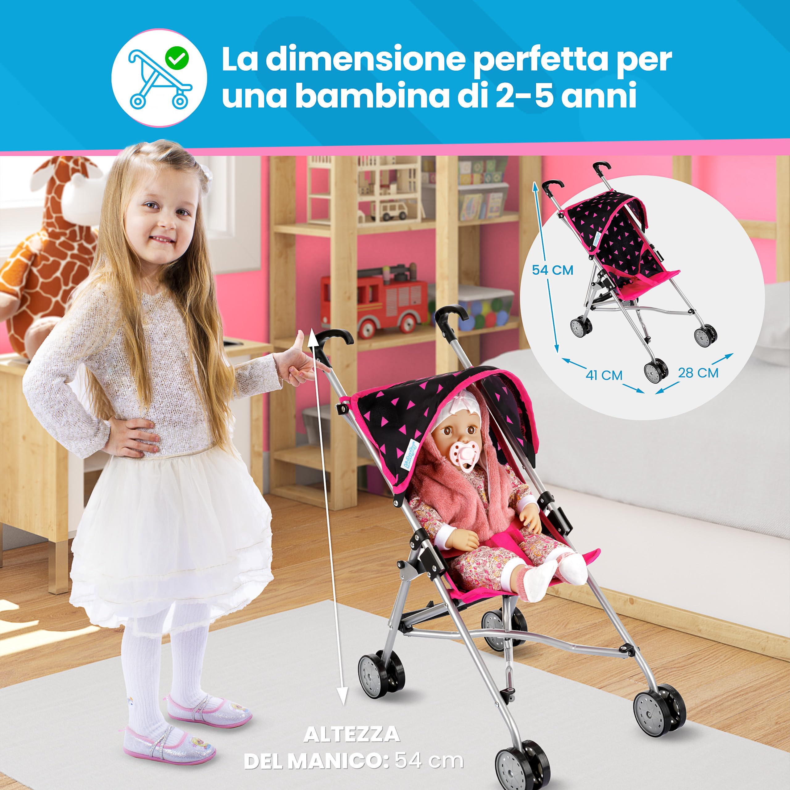 Kinderplay Passeggino per Bambole in Alluminio – Manico 54 cm, Leggero e Pieghevole – Per Bambini 2+ – Ruote Doppie Silenziose e Cintura di Sicurezza