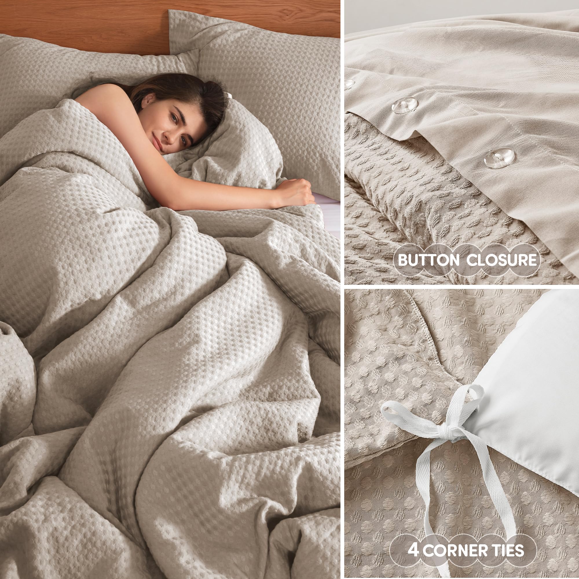 Comfort Spaces Taupe Queen Duvet Cover Set - 3 Pieces Breathable Waffle Dobby Weave Texture Duvet Sets, Modern Farmhouse Boho Duvet Cover & Sham, All Season Microfiber Queen Bed Set, Full/Queen