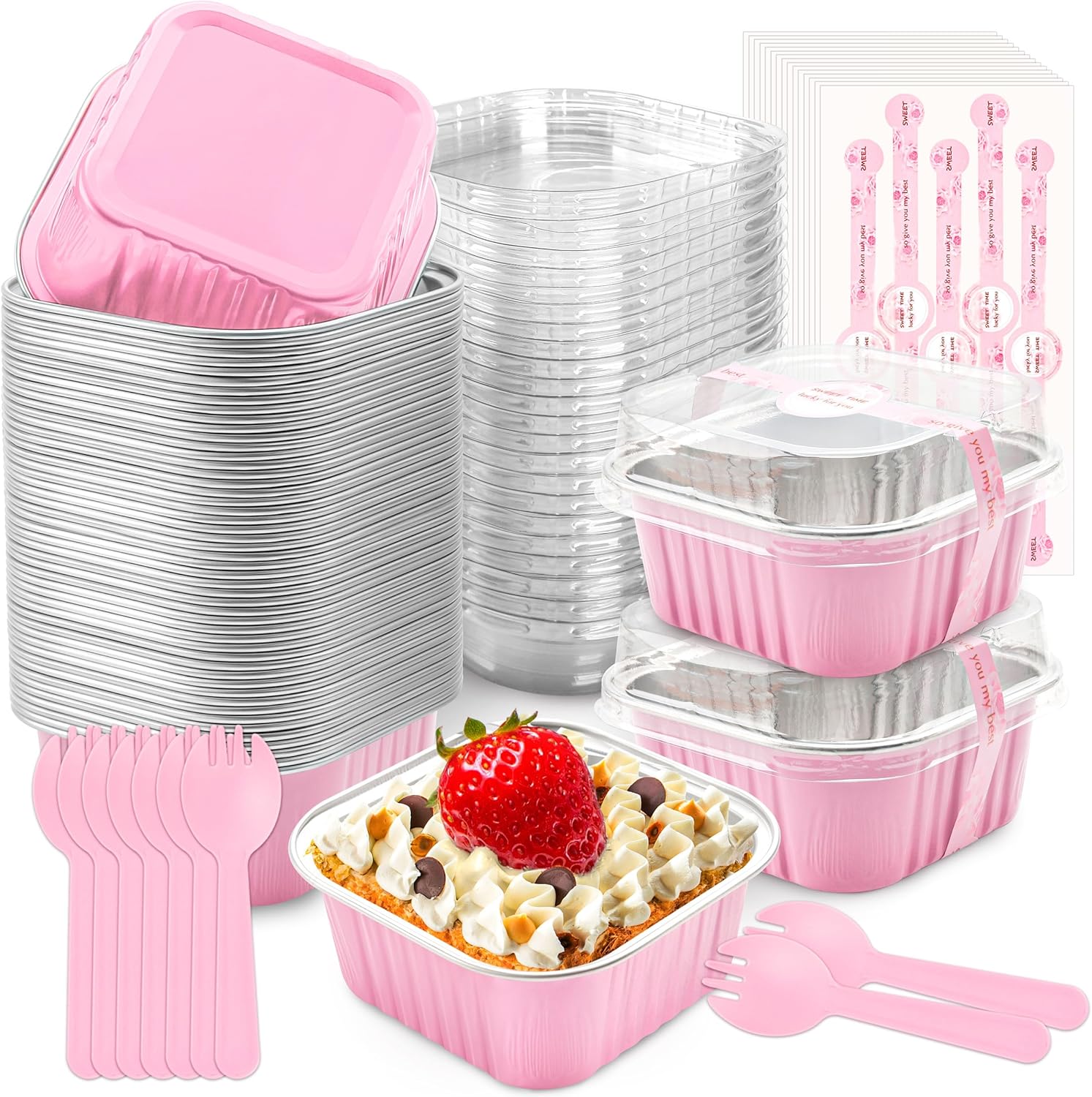 NPLUX 50 Pack Mini Cake Pans with Lids and Spoons Aluminum