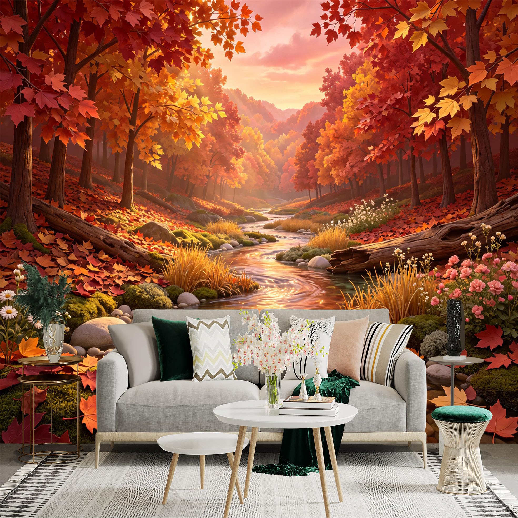 Lnzczhyre Bh260719628 Custom Size Wall Sticker Mural， Autumn Maple Forest， Flowing River Landscape， Sunset Light， Vibrant Fall Foliage， For Wall Decoration， Peelandstick Wall Decals.