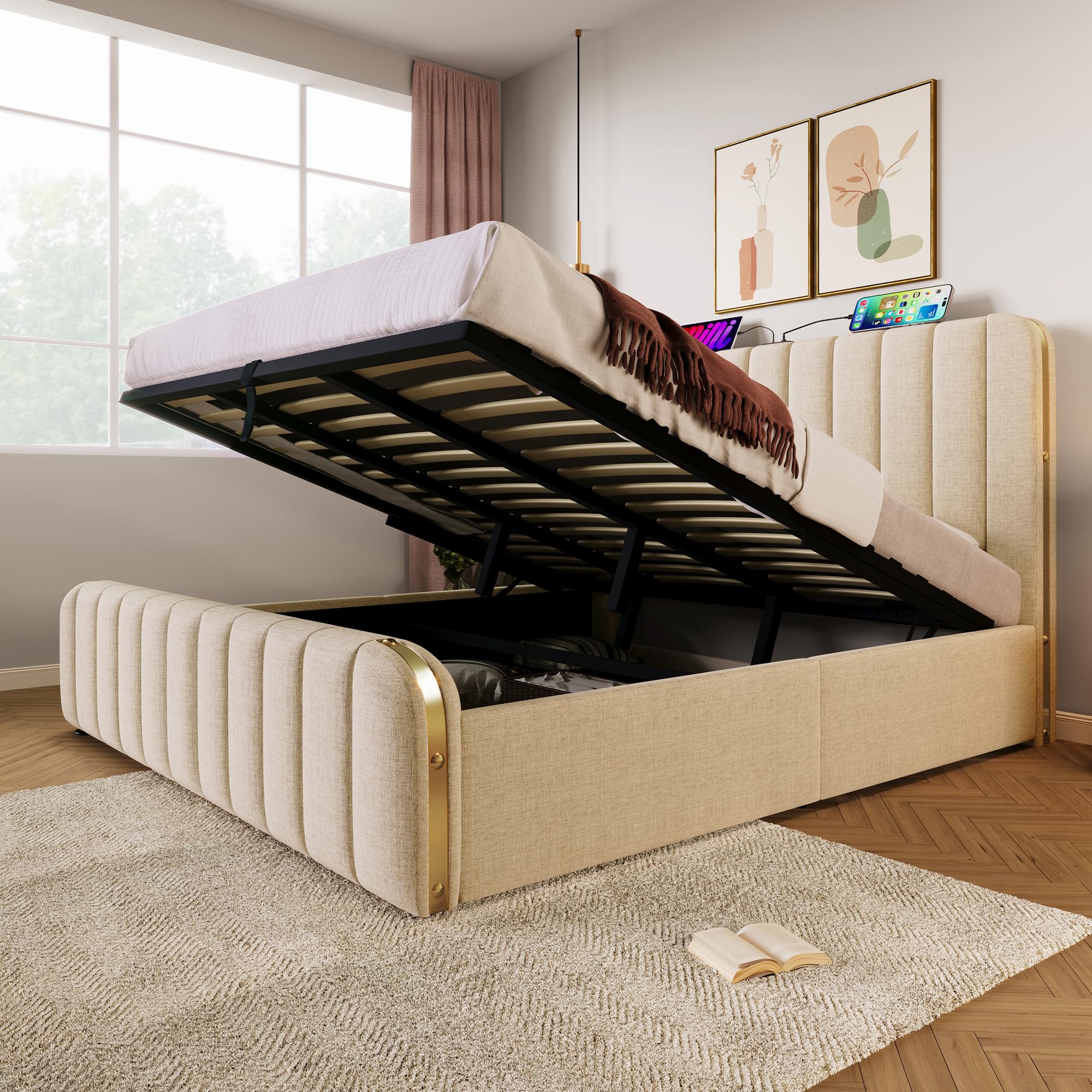 Letto matrimoniale imbottito,testata imbottita con finiture dorate e ricarica USB Type-C,180x200cm,tessuto di lino beige,letto contenitore idraulico,senza materasso