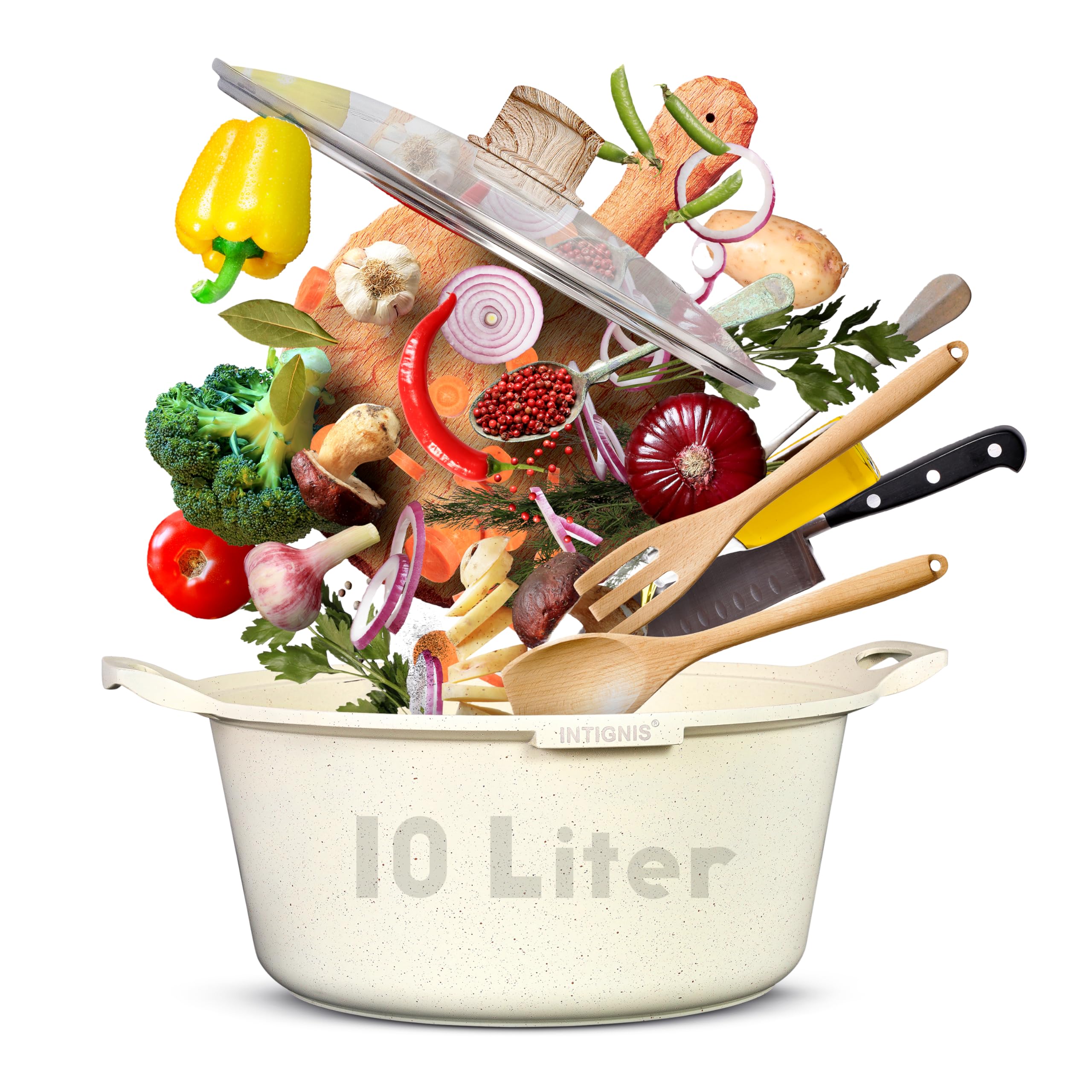 INTIGNIS® Casseruola In Alluminio 5 Strati Con Coperchio In Vetro - Antiaderente Greblon Senza Sostanze Chimiche, Compatibile Induzione, 4,5L A 14L, Design Moderno