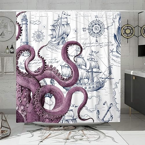 DESIHOM Juego de cortinas de ducha de pulpo náutico morado, divertidas cortinas de ducha estilo kraken del océano para baño, decoración de mapa