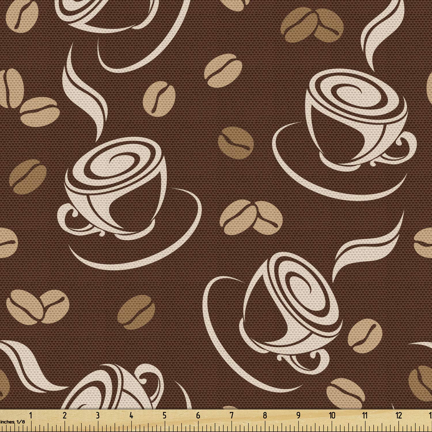 Lunarable Coffee Fabric by The Yard, Silhouette of Cups and Beans on Abstract Background Fresh Filter Coffee, Decorative Fabric for Upholstery and Home Accents, 3 Yards, Beige Brown