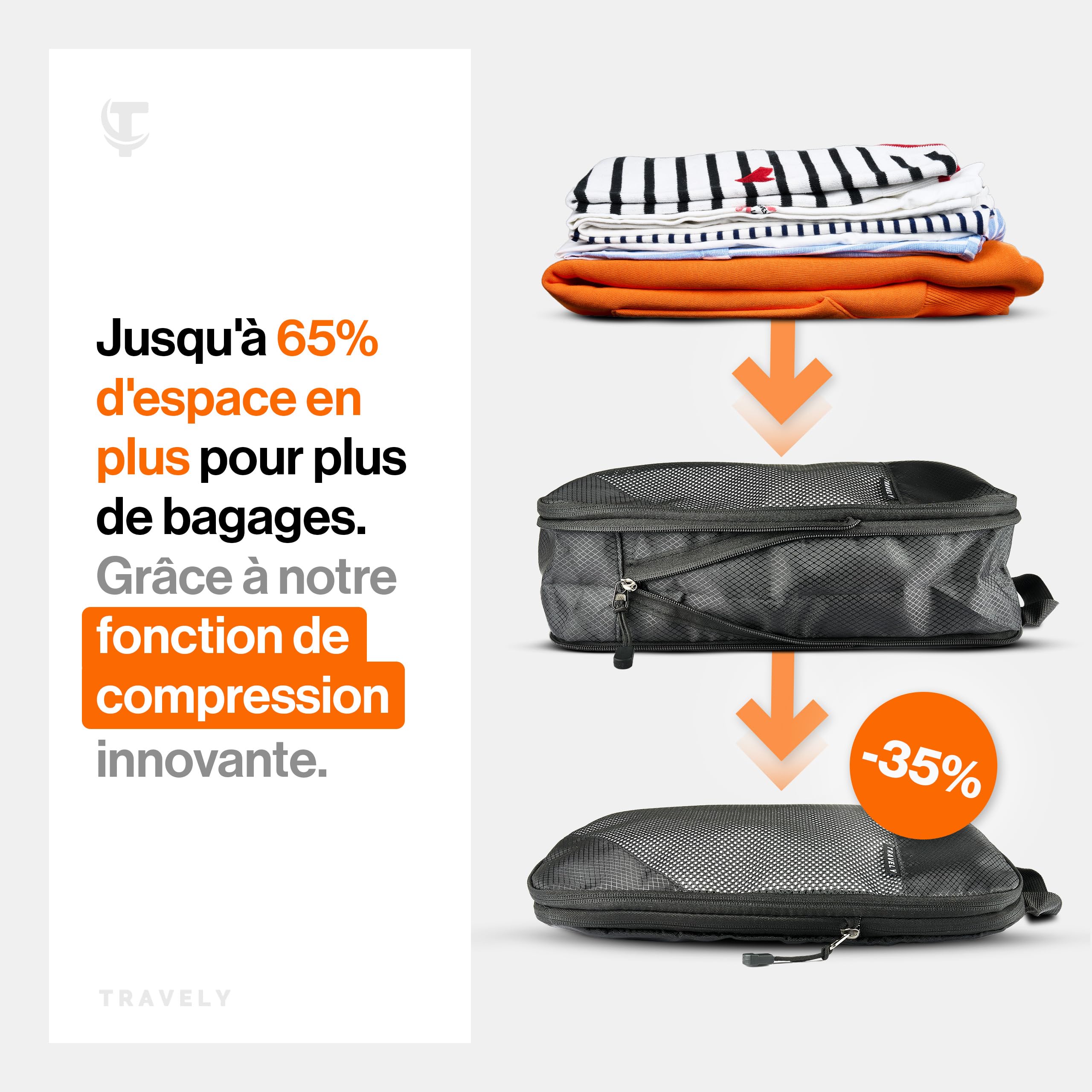 TRAVELY Sac de compression voyage - Set de 8 pièces - packing cubes compression - organisateur valise compressible - rangement valise compression - organisateur sac voyage