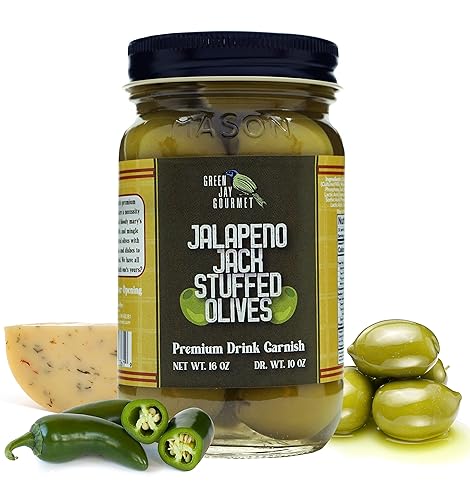 Green Jay Gourmet Aceitunas rellenas de queso Jalapeño Jack - Aceitunas verdes rellenas de queso para guarnición de cóctel y tabla de queso -
