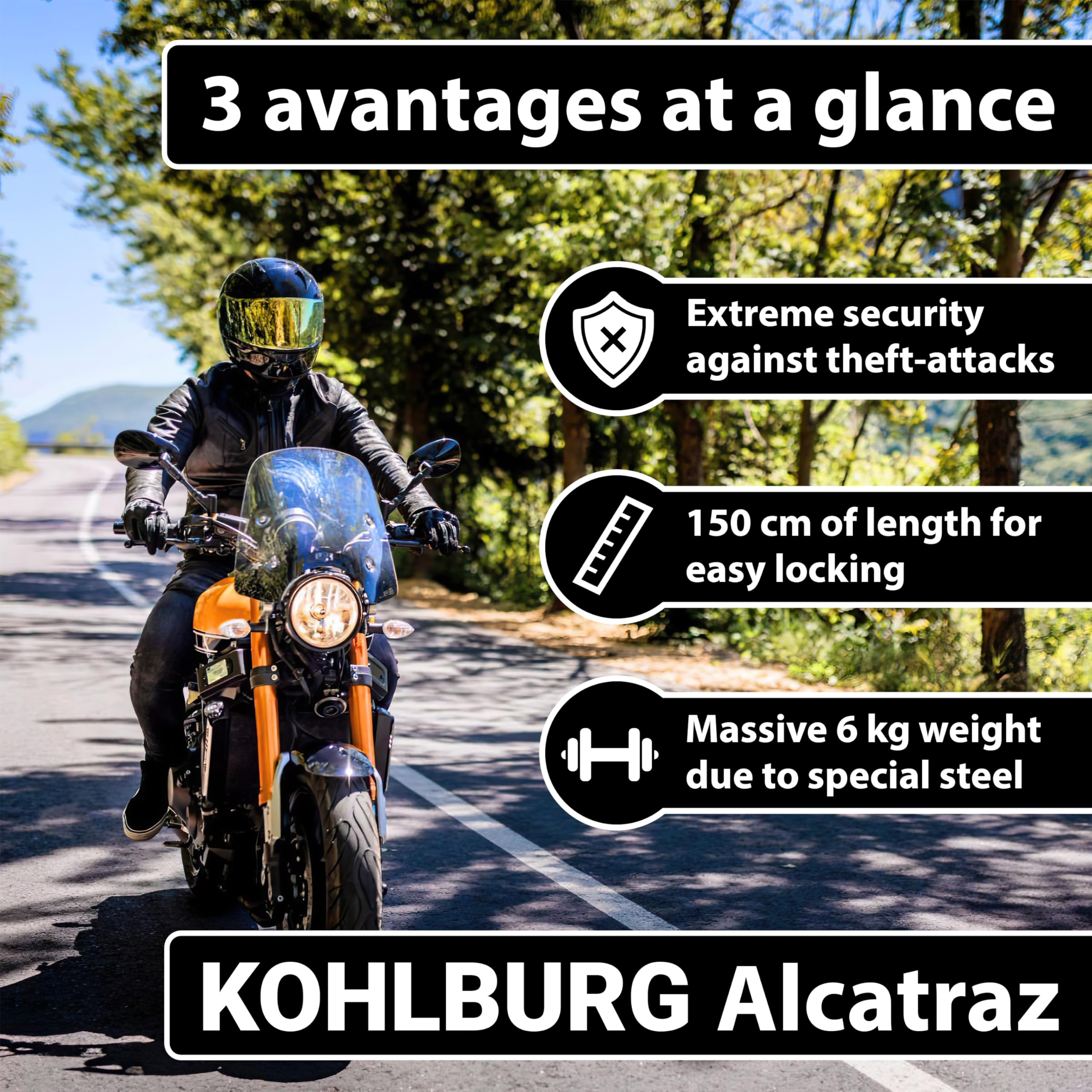 KOHLBURG Masywny motocyklowy łańcuch z zamkiem, 6 kg, 150 cm długości | Poziom bezpieczeństwa 15plus z 15, zabezpieczenie antykradzieżowe dla motocykla
