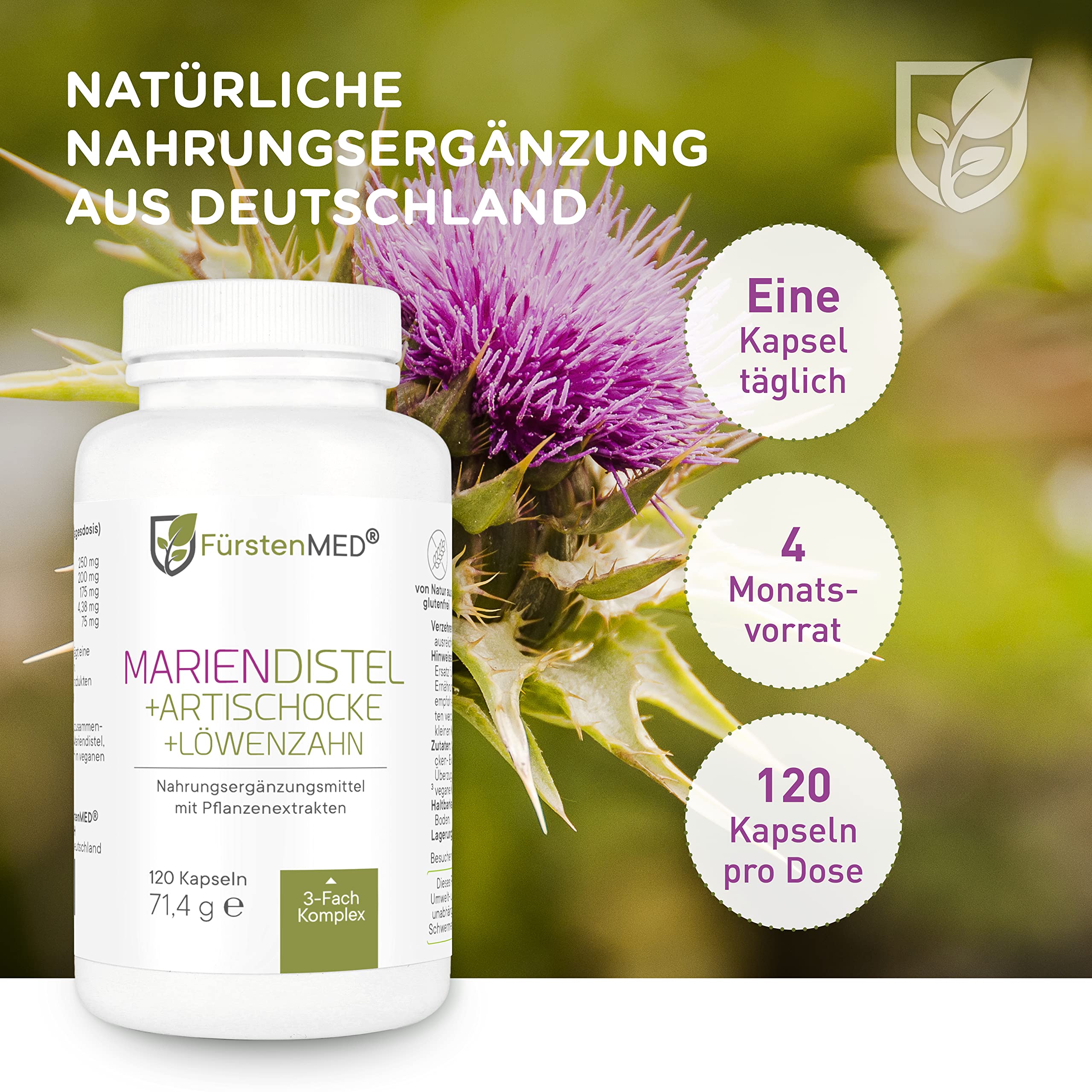 FürstenMED® Mariendistel Kapseln Hochdosiert mit Artischockenextrakt - Mariendistel Artischocke Löwenzahn und Cholin - Leber Komplex Hochdosiert mit 80% Silymarin 120 Kapseln Laborgeprüft