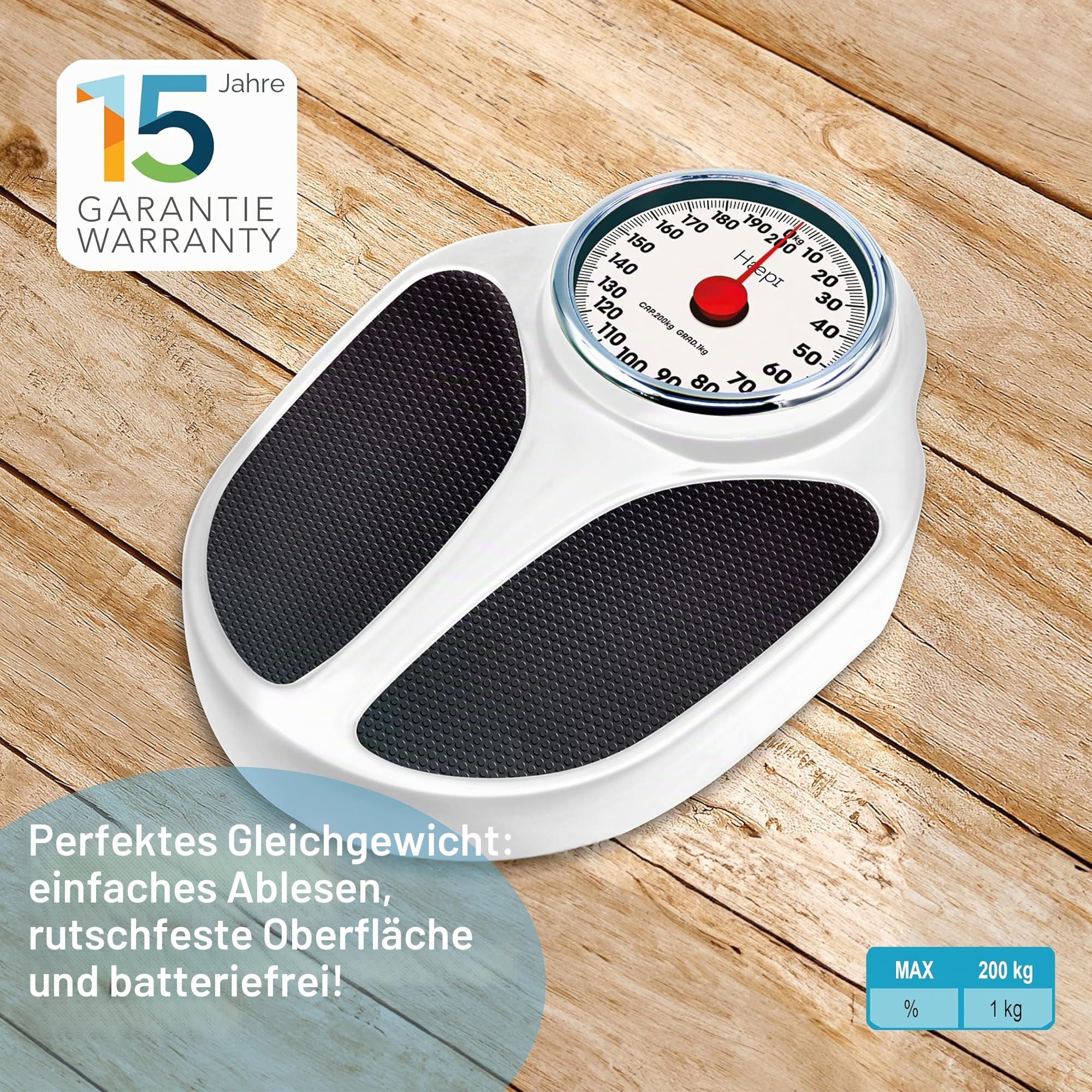 Haepi, Mechanische Personenwaage, Große Plattform & Display, gut lesbare Ziffern, Rutschfeste Oberfläche, Gut sichtbarer roter Zeiger, Maximale Kapazität von 200 kg, 15 Jahre Garantie.