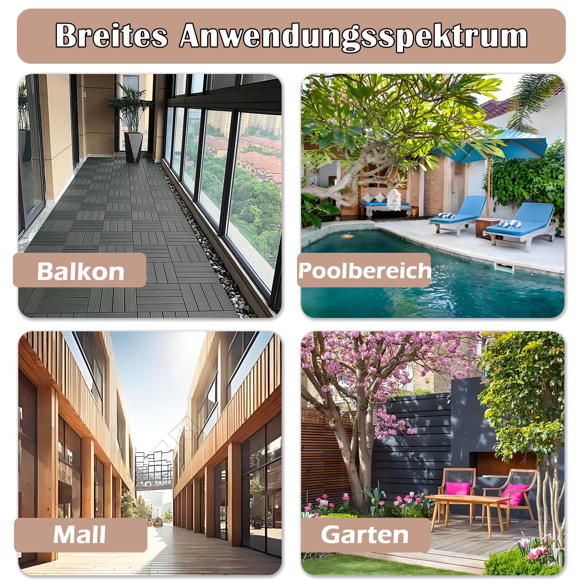 HENGMEI WPC Fliesen Terrassenfliesen 30x60cm Balkonfliesen Klickfliesen Bodenbelag mit klicksystem, 1m²6 Stück für Terrasse und Balkon, Anthrazit