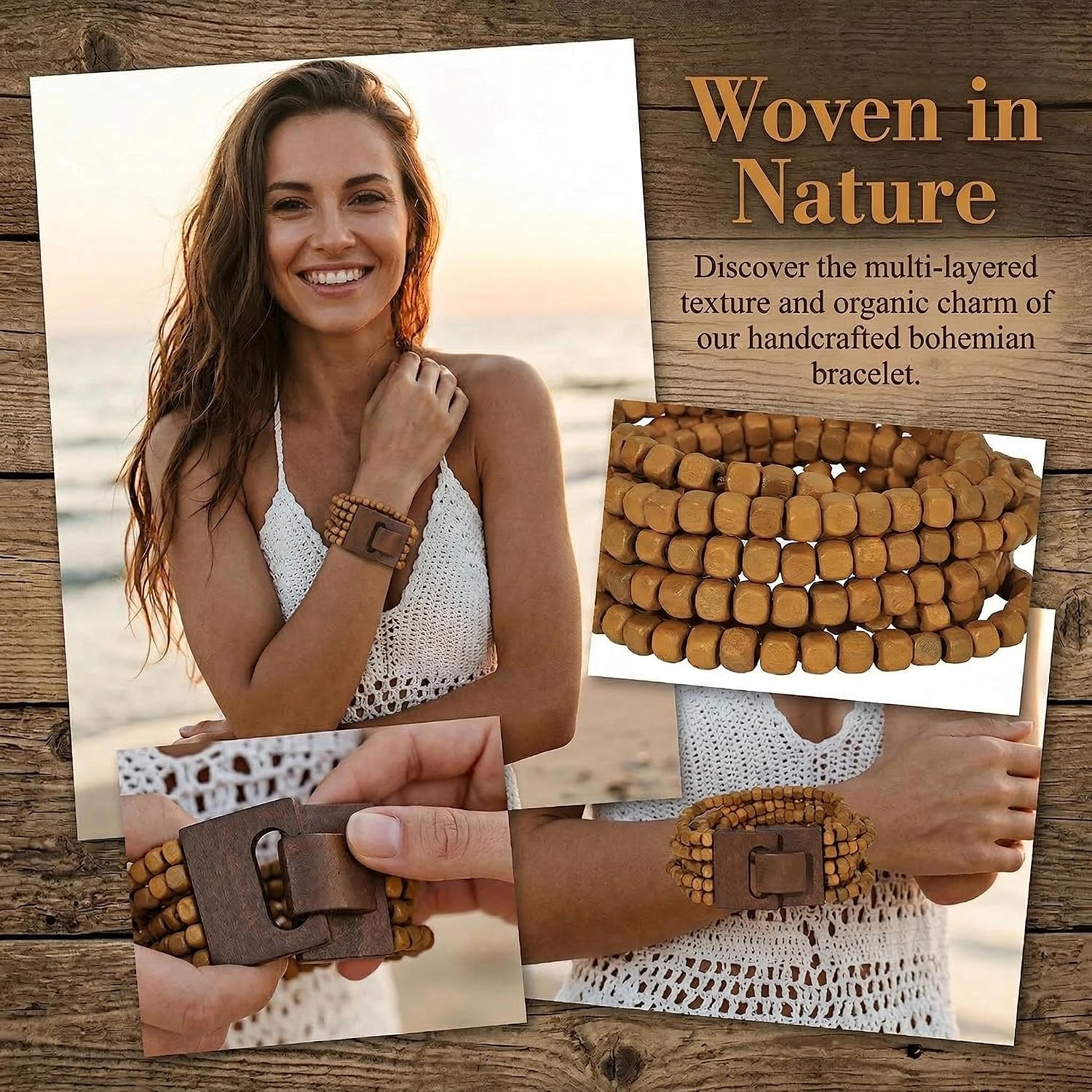 Coiris Boho Bangle Bracelets for Women Wooden Beaded Bracelets Chunky Bohemian Beach Bracelets Jewelry for Women