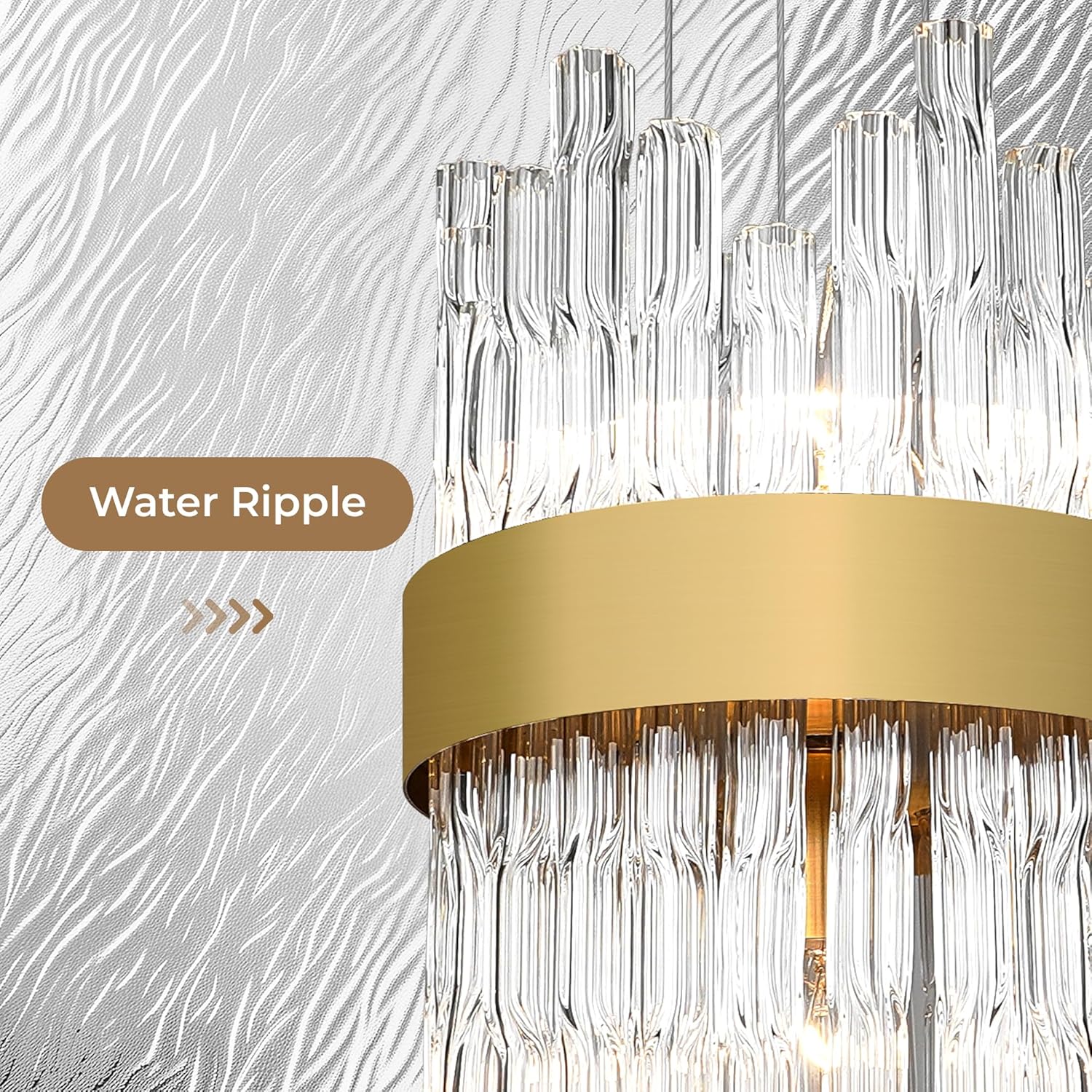 Modern Gold Pendant Light, Elegant Water Ripple Glass Shade, Height Adjustable Kitchen Island Chandelier for Dining Table, Bedroom