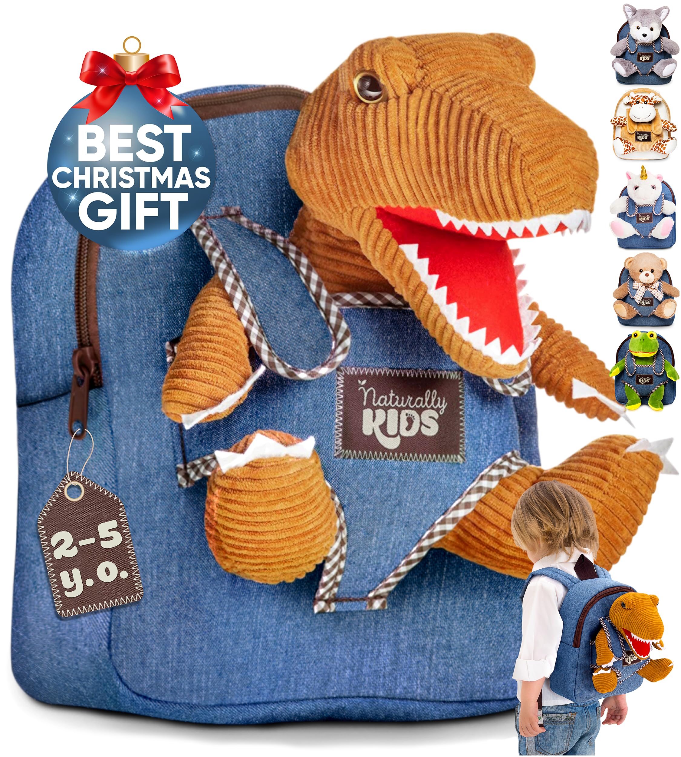 Naturally KIDS Toddler Backpack w Dinosaur Toys for Kids 2-4, 2 Year Old Boy Birthday Gift, 3 Year Old Boy Gift Girl, Toddler Dinosaur Toy