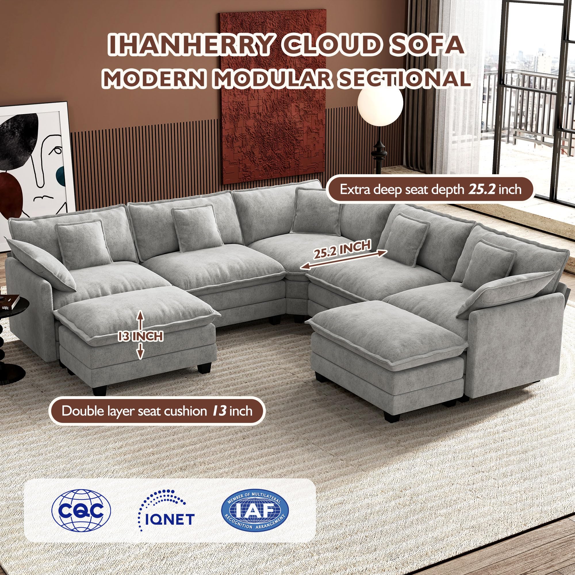Ihanherry 114' V-Shaped Modern Sofa Modular Sectional Cloud Couch with 2 Ottoman — product photo