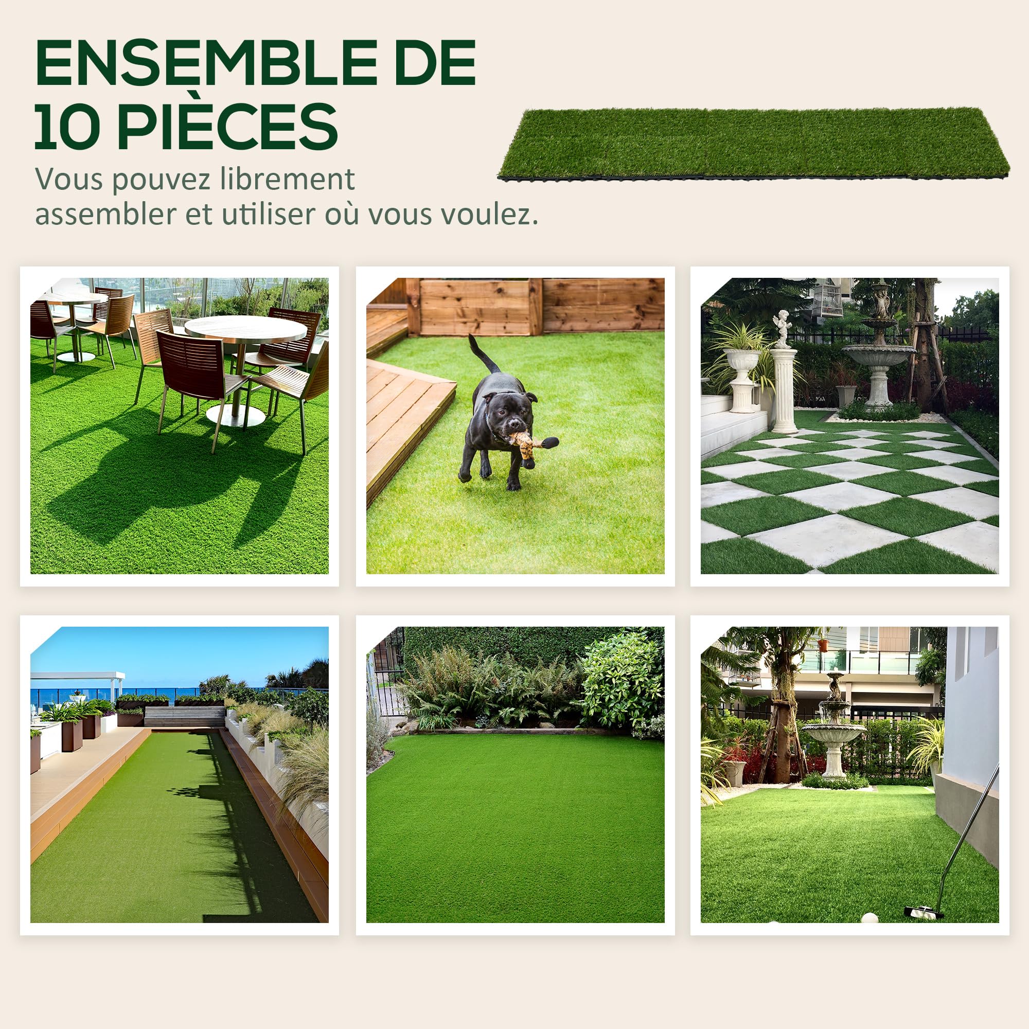 Outsunny Gazon synthétique Artificiel Set de 10 Dalles Carreaux 30 x 30 cm épaisseur Confort 3,5 cm à emboîter Vert