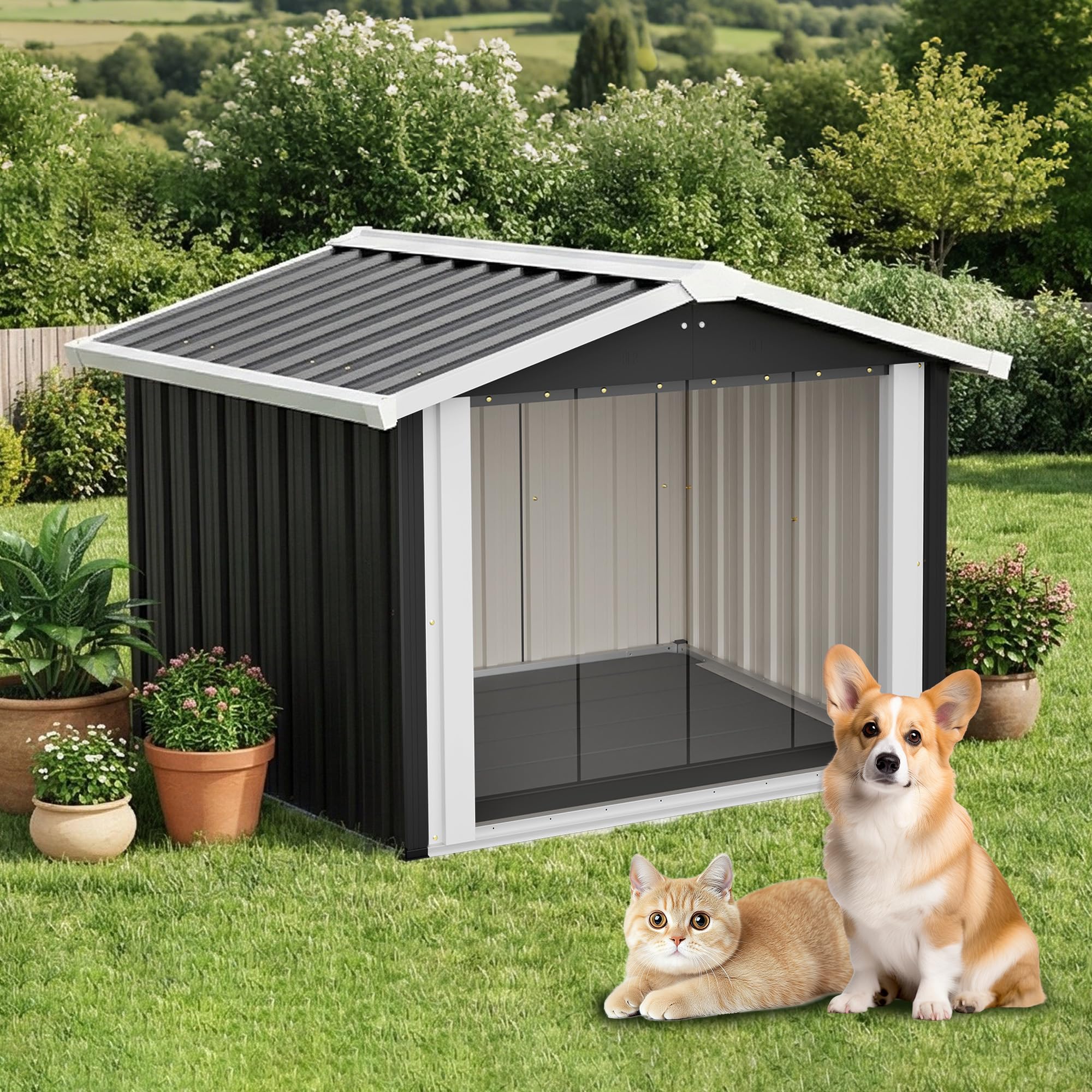 Metall Hundehütte für Draußen, Wetterfestes Hundehaus mit Transparentem Vorhang, UV-beständig & Wasserdicht, Für kleine bis mittlere Hunde, Anthrazit