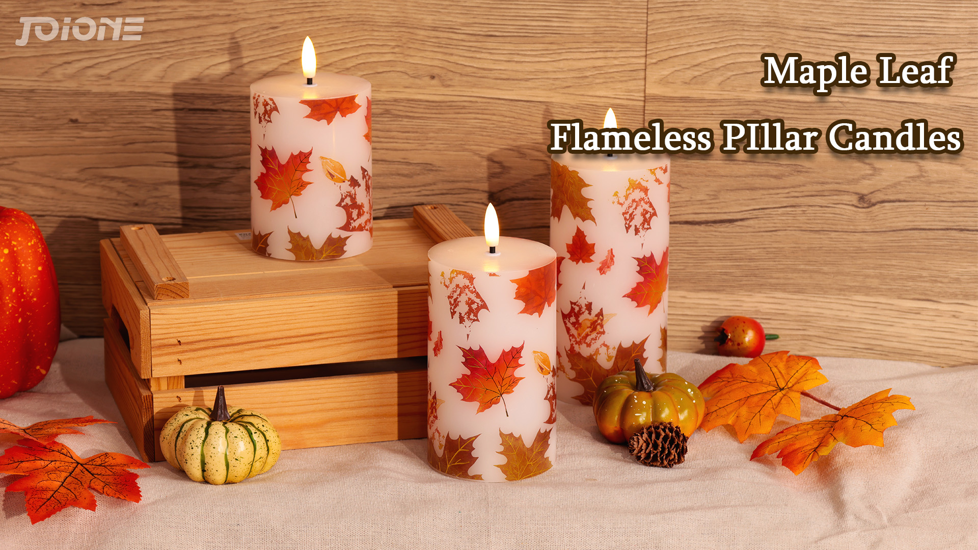 Image of JOIONE Maple Leaf Flameless Pillar Candles with Remote, 3 Pack Fall Decor | Battery Operated LED, Maple Leaf Design, Real Wax, Remote Control, Warm Flickering Glow, Safe Fall Home & Party Decor