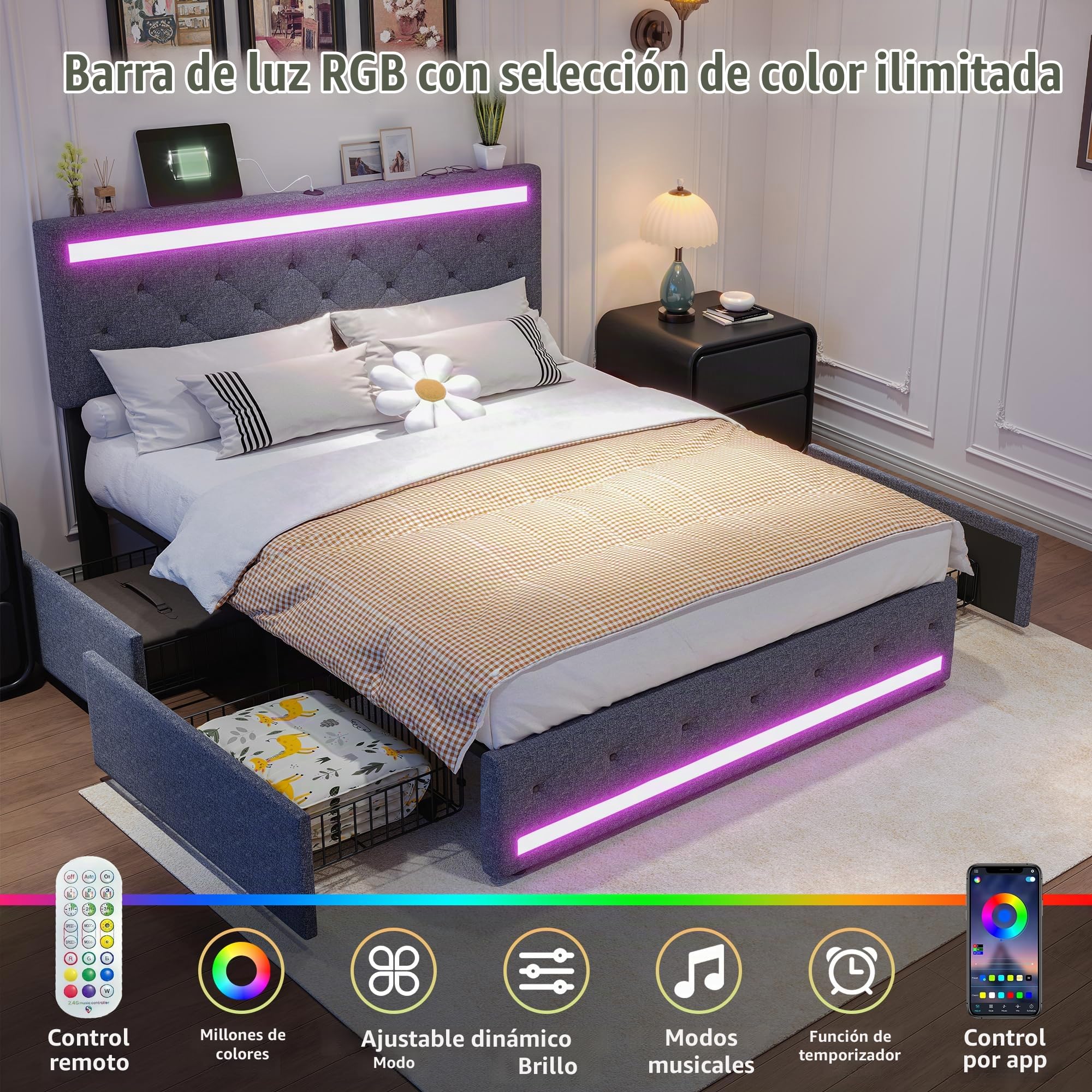 Cama de Matrimonio con Almacenamiento y led, cama Tapizada 160x200 luces led y Cargador Cama con usb y luz led Cama160x200 con 4 Cajones de Almacenamiento, Sin Colchón (A Gris oscuro, 160x200 cm)
