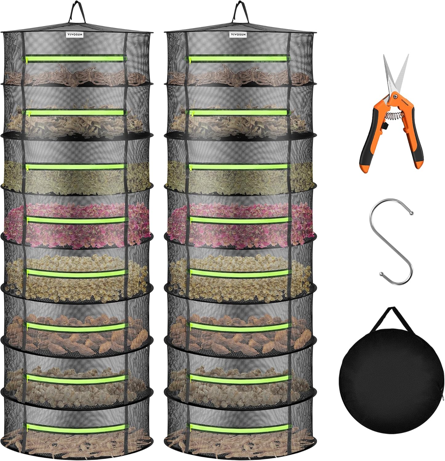 VIVOSUN 2-Pack 8-Layer Mesh Drying Rack Hanging Design with Green Zippers for Dehydrating, Indoor and Outdoor (Pruning Shears Included) 8 Layer 2 Pack