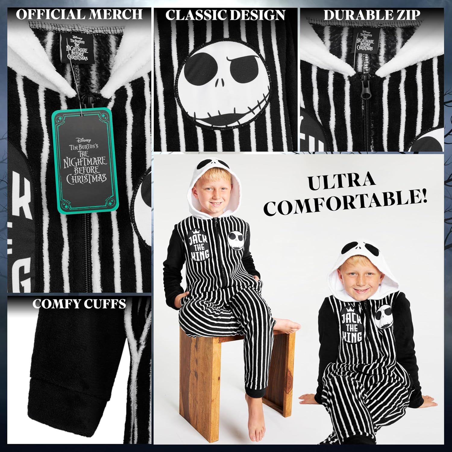Disney Stitch Kids Fleece Jumpsuit with Hood Pockets One-Piece Pajamas Jack Skellington Sally Gifts for Girls Boys