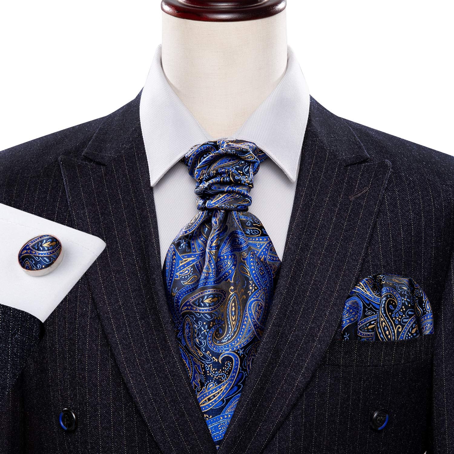 Barry.Wang Men Ascot Cravat Tie with Pocket Square Cufflinks Tie Set Paisley Jacquard Silk Woven Floral Necktie