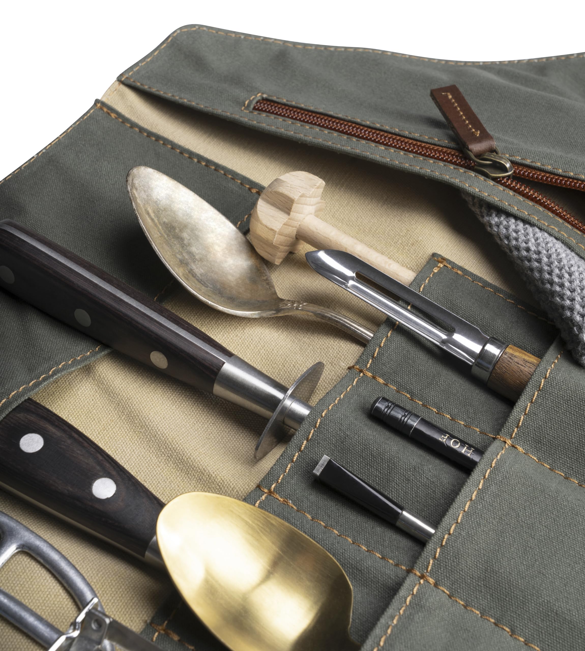 Angus Stoke Messertasche für Kochmesser aus Büffelleder | 14-Fächer Leder-Messerrolle für Köche – Messer, Kochtasche Gross Gustav (Braun)