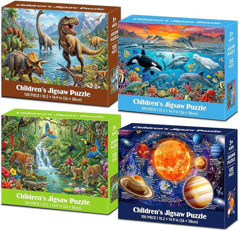 4 Packs 100 Piece Puzzles for Kids Ages 4-6 6-8 8-10, Dinosaurs Seaworld Wildlife Kids Puzzles Ages 4-6 5-8 8-10, Solar System Space Planet Puzzle 100 Pieces, Kids Jigsaw Puzzles Gifts 15x10 in