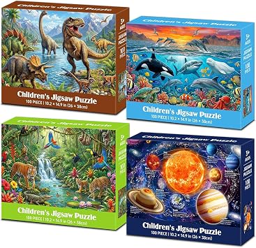 4 Packs 100 Piece Puzzles for Kids Ages 4-6 6-8 8-10, Dinosaurs Seaworld Wildlife Kids Puzzles Ages 4-6 5-8 8-10, Solar System Space Planet Puzzle 100 Pieces, Kids Jigsaw Puzzles Gifts 15x10 in