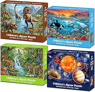 4 Packs 100 Piece Puzzles for Kids Ages 4-6 6-8 8-10, Dinosaurs Seaworld Wildlife Kids Puzzles Ages 4-6 5-8 8-10, Solar System Space Planet Puzzle 100 Pieces, Kids Jigsaw Puzzles Gifts 15x10 in