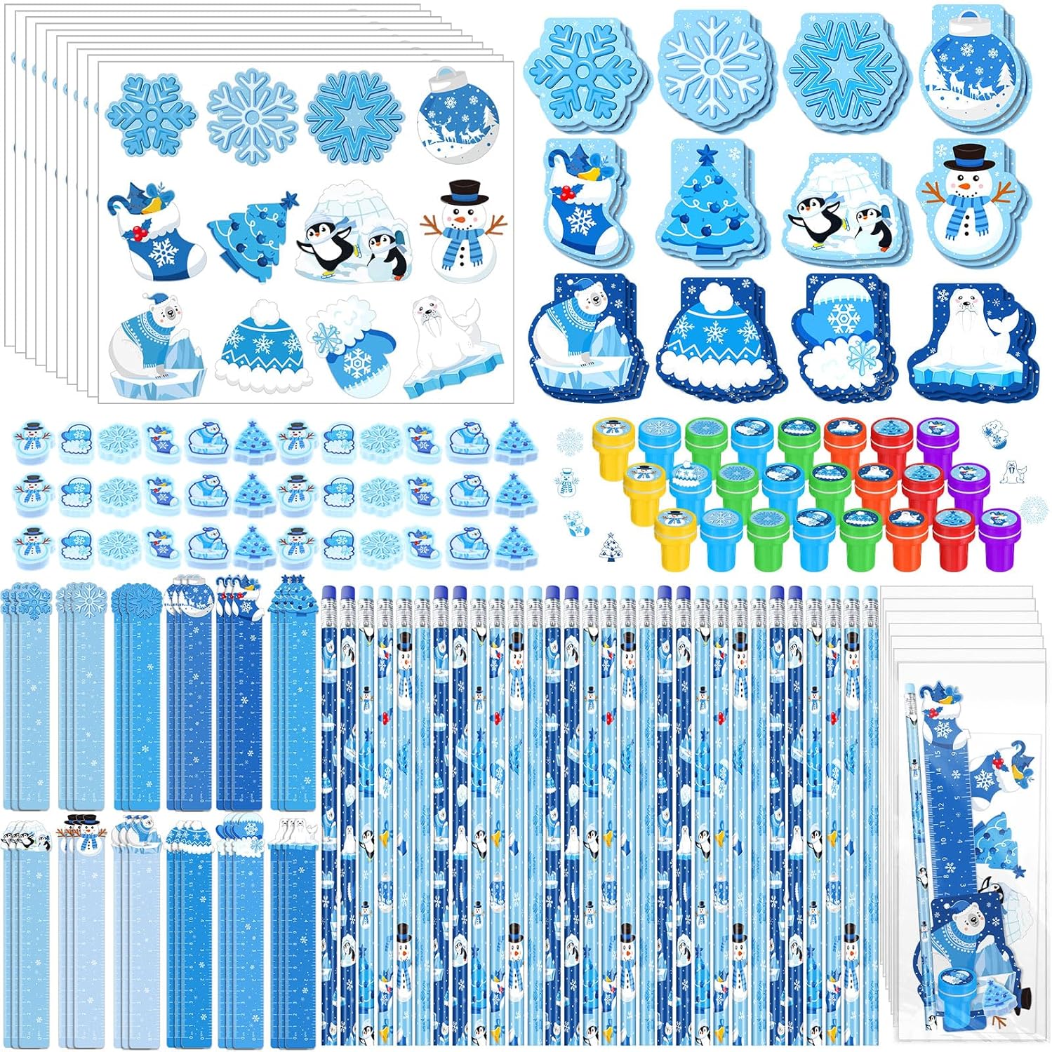 Faccito 336 Pcs Winter Party Favors Snowflake Party Supplies Winter Wonderland Stationery Set Notebook Sticker Stamper Eraser Ruler Pencil for Christmas Baby Shower Birthday Gift Prize