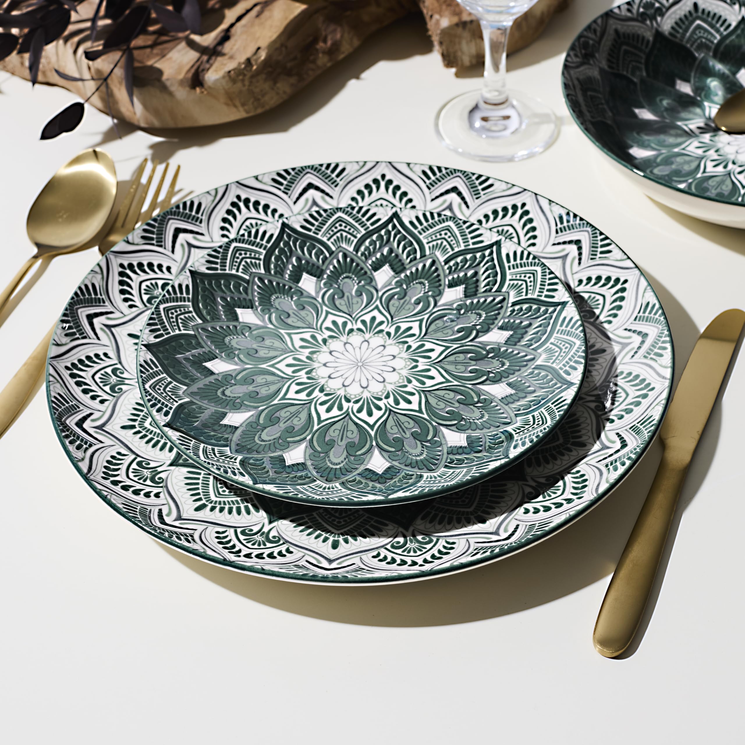 HOME DECO FACTORY - KA0665, Juego de Vajilla 12 Piezas Mandala Verde, Diseño Elegante y Duradero, Todas Las Ocasiones, Fácil de Mantener, Tamaño: 12 Piezas, Color: Verde