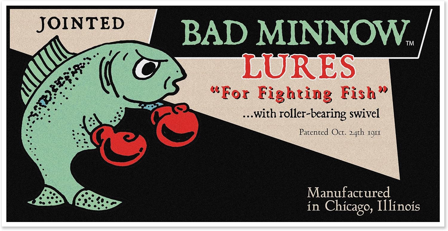 Bad Minnow Bait Co. Fishing Lure Print Advertisement on Canvas | Art Print Poster Vintage Fisherman Ad Wall Decor | 24 x 48 inches on Canvas