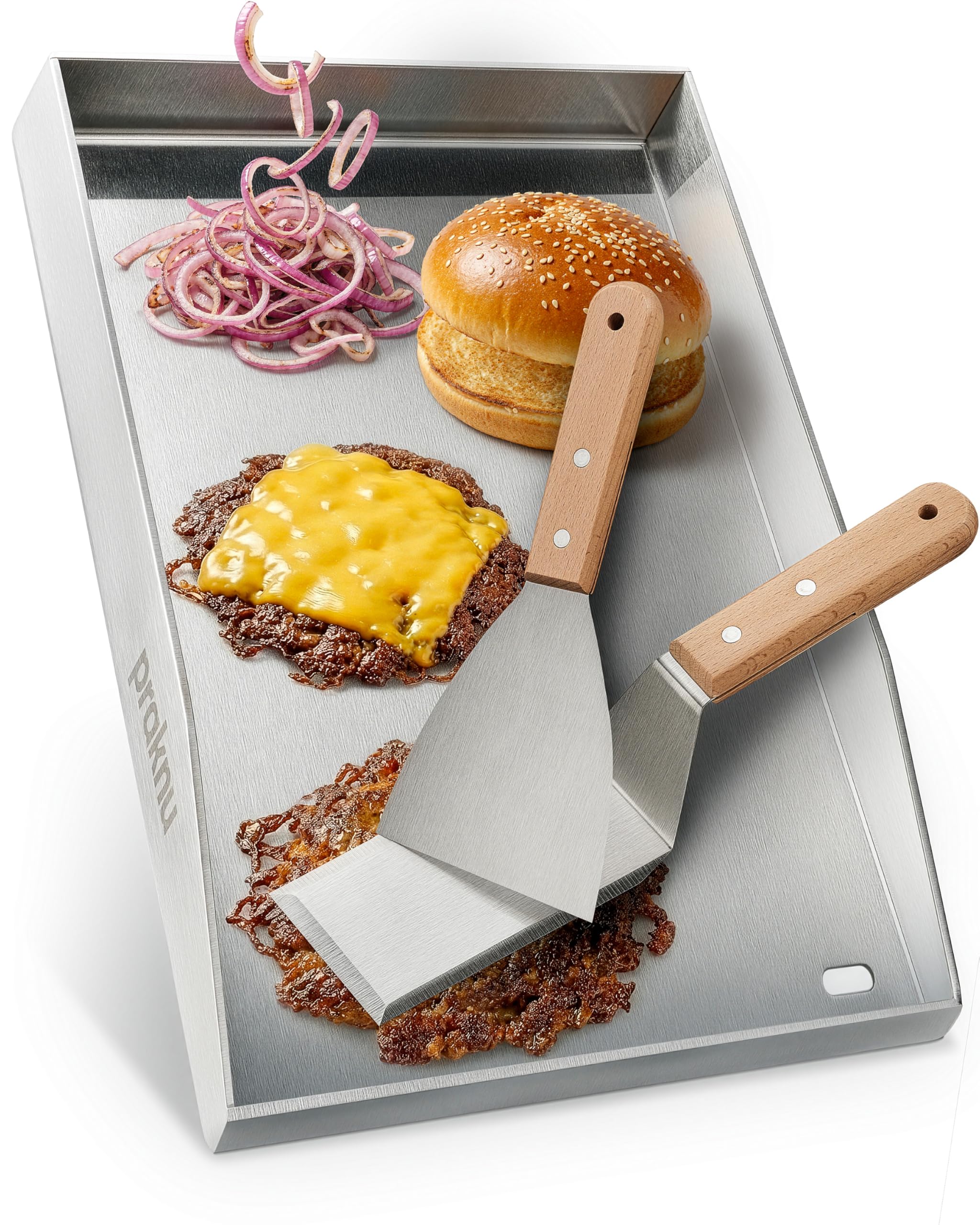 Praknu Plaque Plancha Barbecue Gaz (30x40 cm) – Avec Évacuation de Graisse – 2 Spatules Incluses – Plaque pour Barbecue Gaz & Charbon – Plancha Acier Facile à Nettoyer