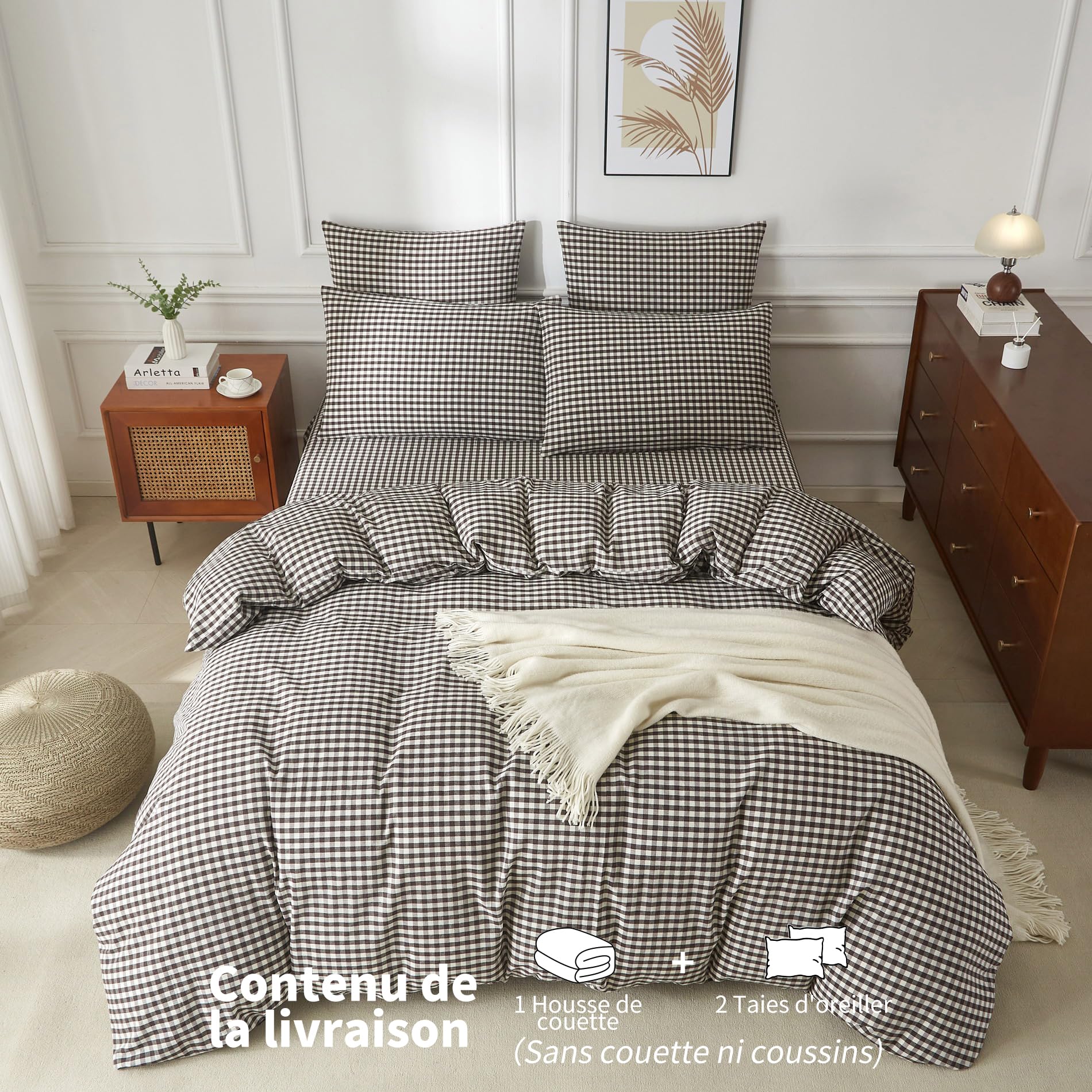 Copripiumino 220 x 240 cm, in cotone lavato, grigio, bianco, a quadretti, 220 x 240 cm, per adulti, in cotone, morbido, traspirante, biancheria da letto matrimoniale, con cerniera e 2 federe