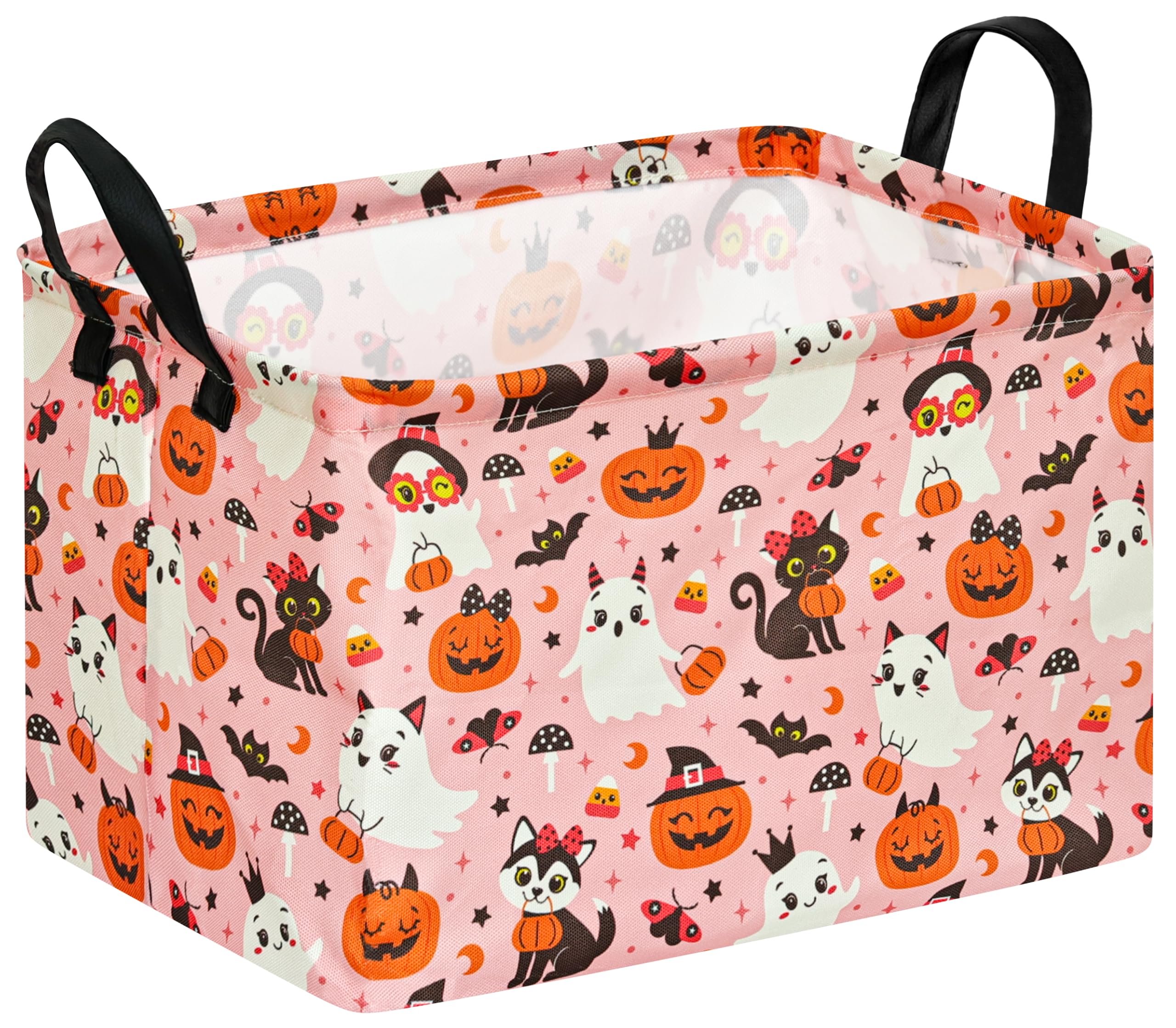 Pink Halloween Storage Basket for Girls, Pumpkin Ghost Bat Spider Design