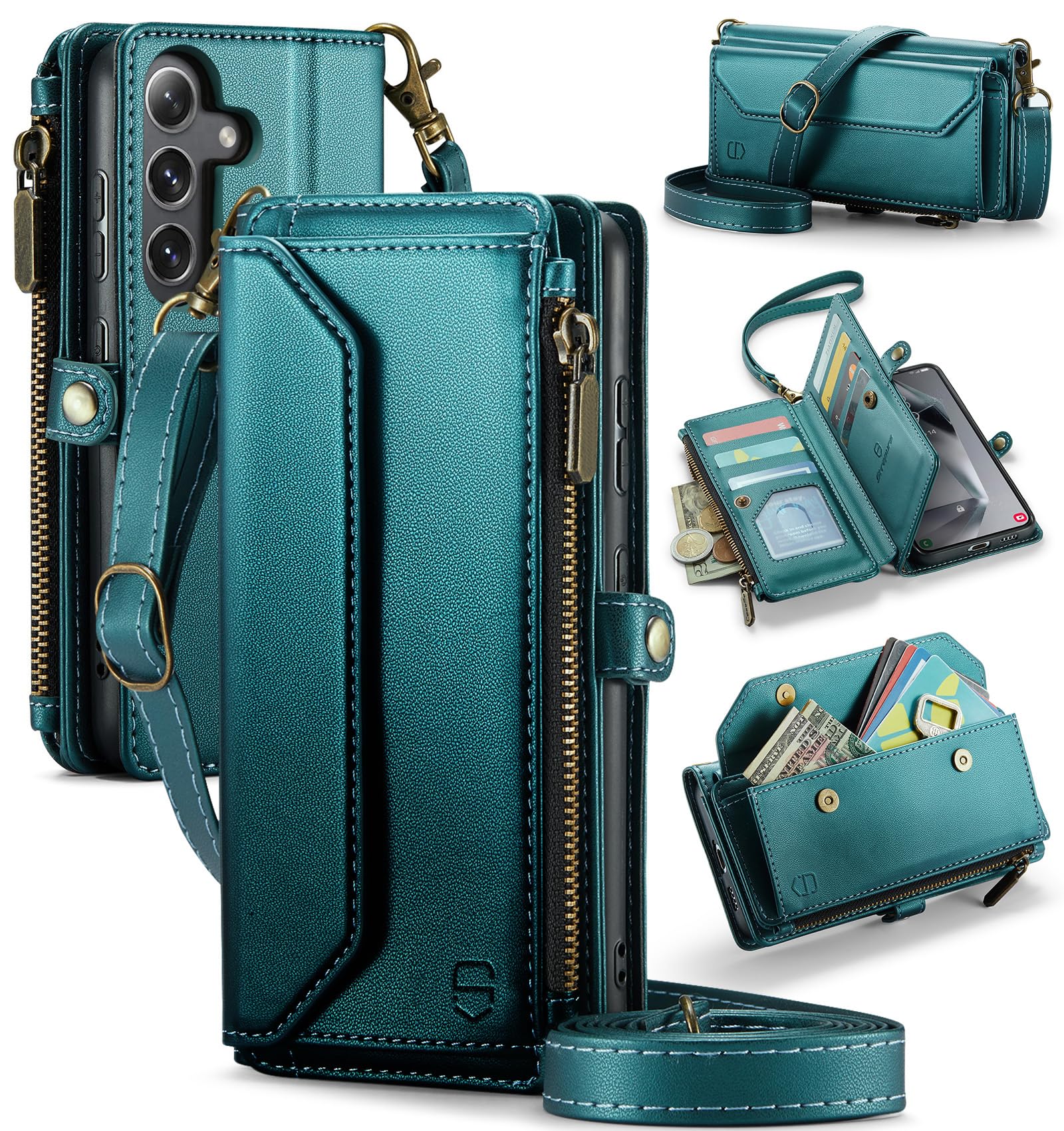 Strapurs Wallet Case Compatible with Samsung Galaxy S24 Plus RFID Blocking Card Holder Soft PU Leather Magnetic Snap Strap Zipper Pocket Phone Case