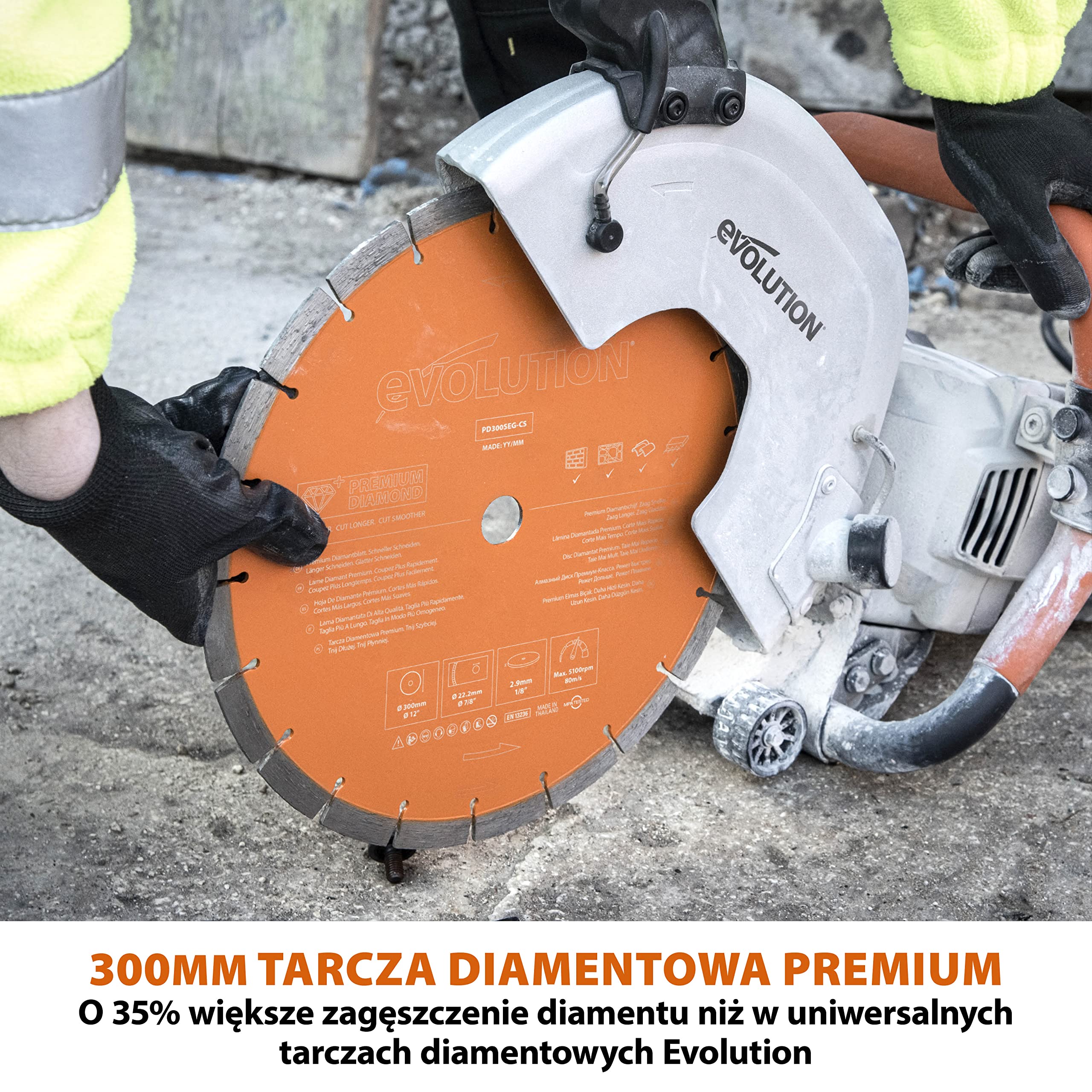 Evolution Power Tools Elektryczna przecinarka tarczowa i pilarka do betonu R300DCT+ z funkcją tłumienia pyłu z użyciem wody i tarczą diamentową Premium 300 mm