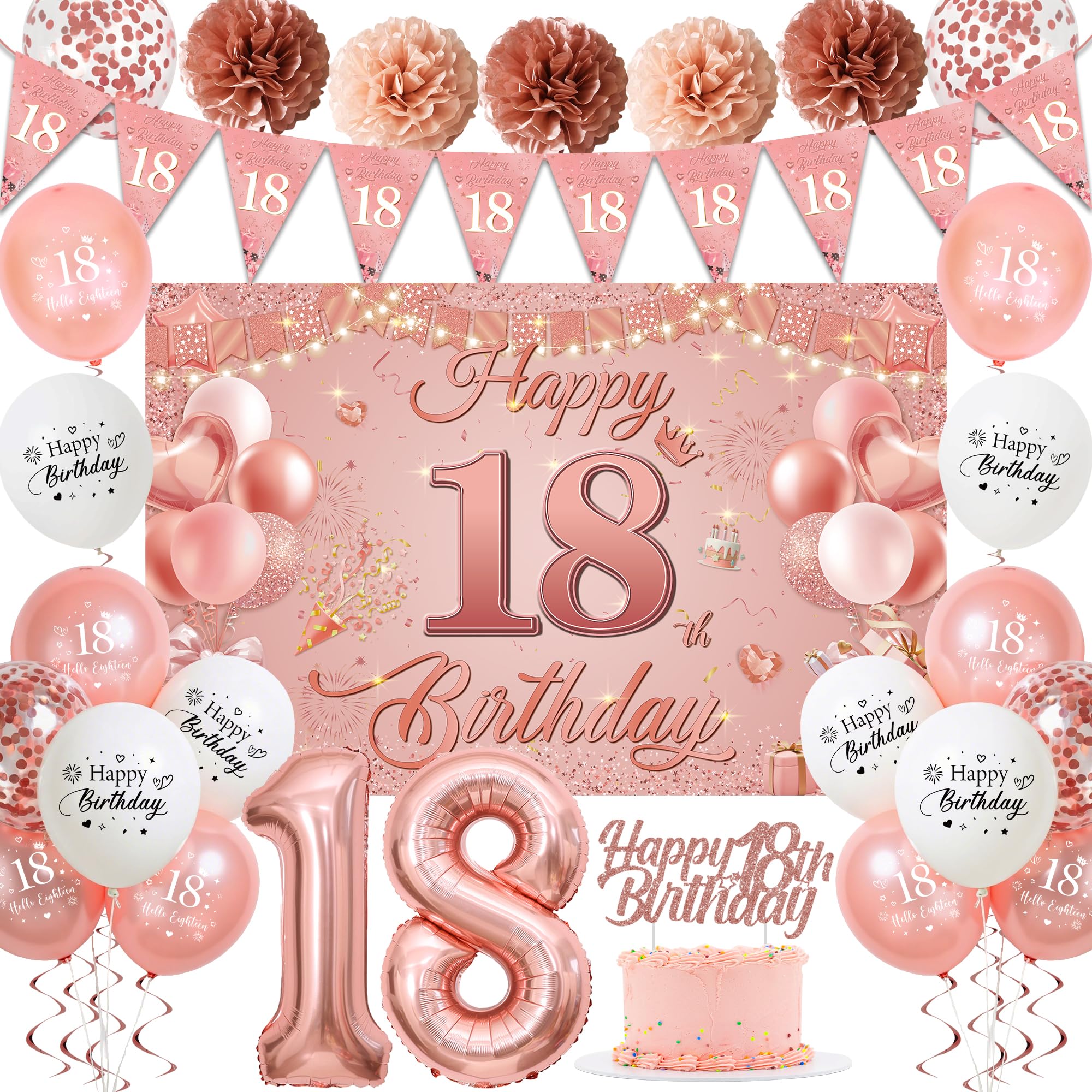 Sroeeshee 18th Birthday Decorations for Girls - Pink Rose Gold 44Pcs 18th Bday Balloon Backdrop Set with Pennant Banner Number 18 Balloons, Photo Backdrop Pom Poms Cake Topper for 18 Year Old Party
