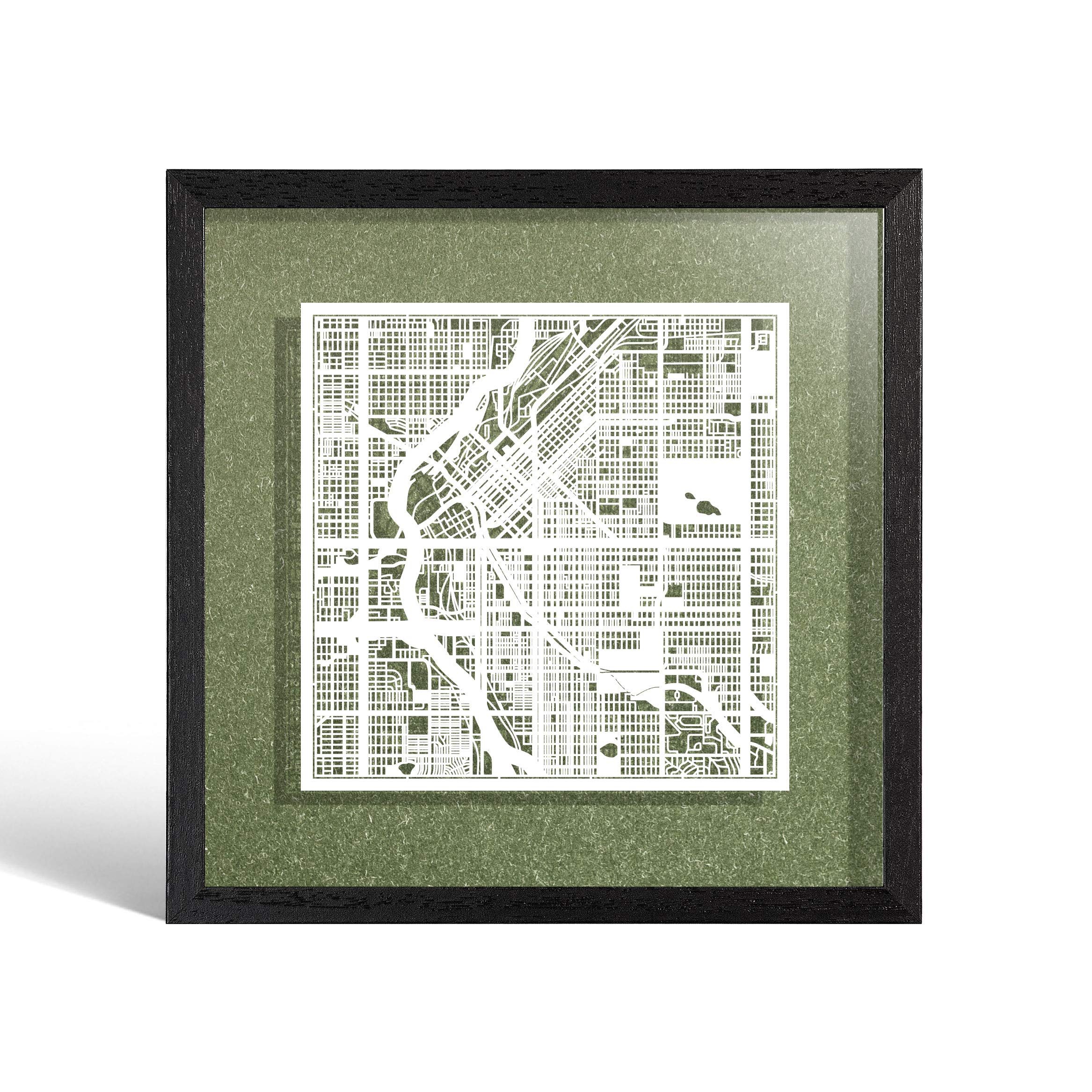 O3 DESIGN STUDIO Denver Paper Cut Map framed, White map, Black frame, 9x9 inches, Gift Boxed, 4 background color, self-changing, Paper Art — image 1