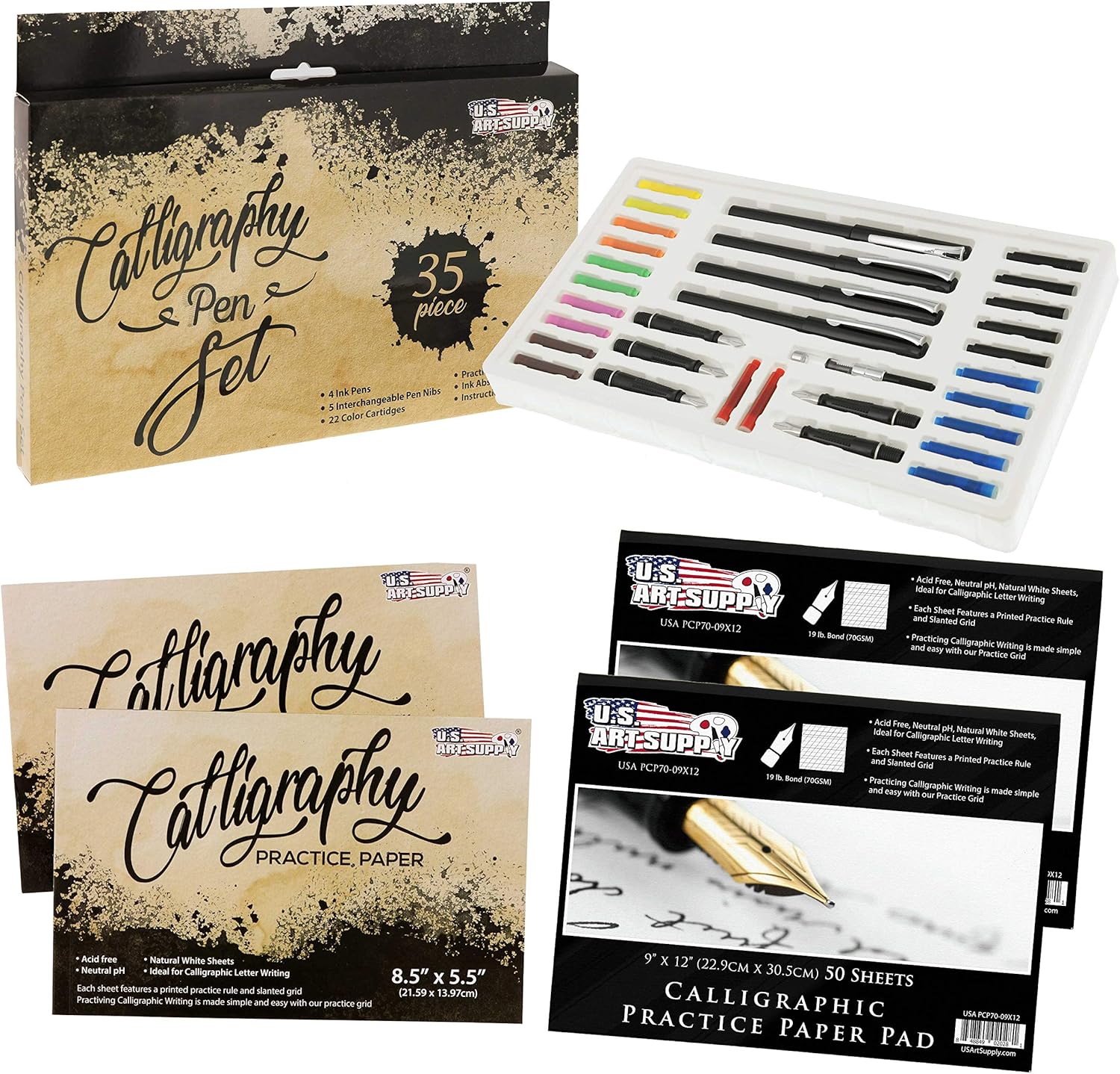 U.S. Art Supply 35 Piece Calligraphy Pen Writing Set - Interchangeable Nibs, Paper Pad, Instructions for Beginners Bundled with 9" x 12" Calligraphic Practice Paper Pad 2 Pack, 19 Pound Bond (70gsm)