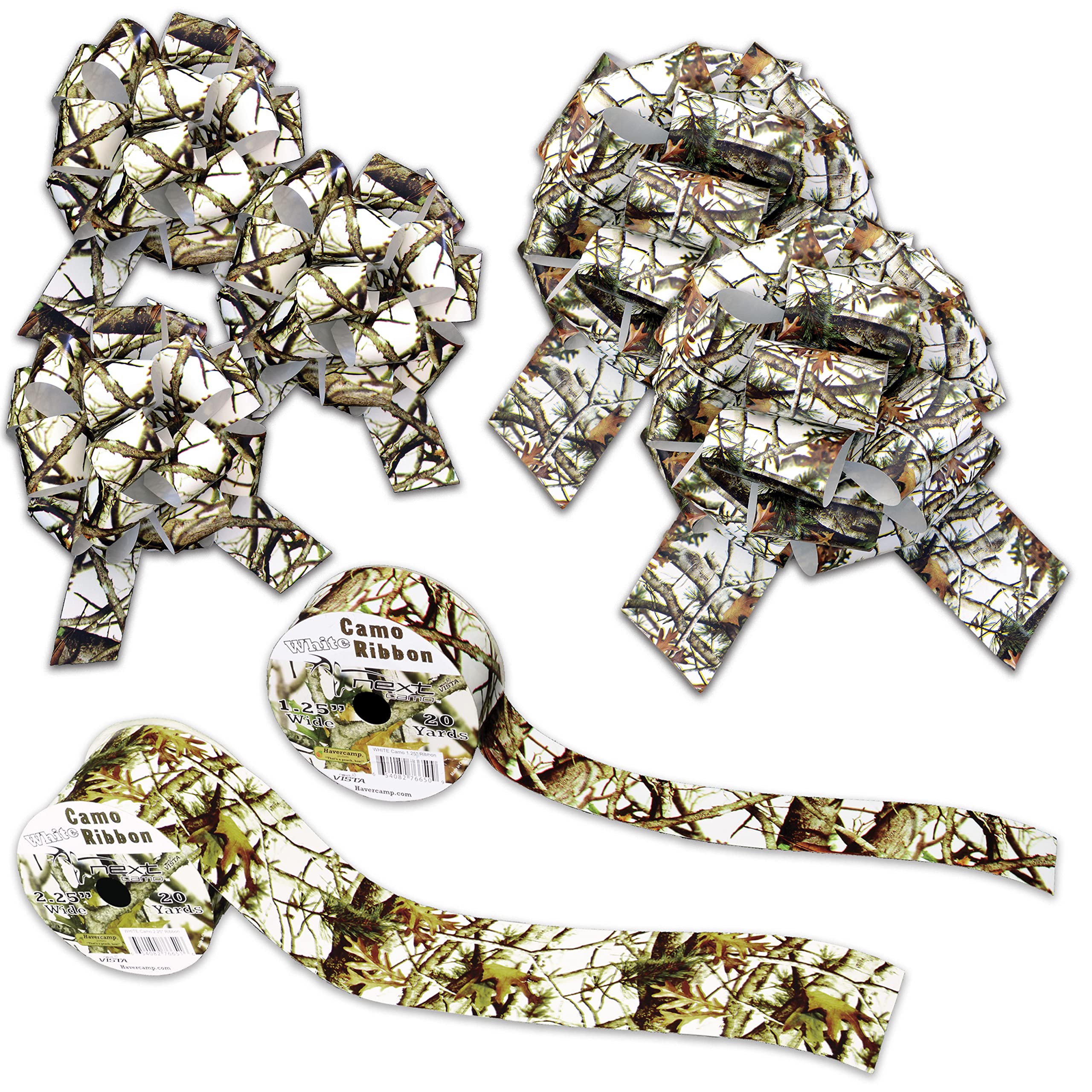 White Hunting Camo Ribbon & Bows Gift Wrapping Kit - 40 Yards of White Camouflage Ribbon and 5 Camo Bows for Gifts, Christmas and Crafts - Hunter