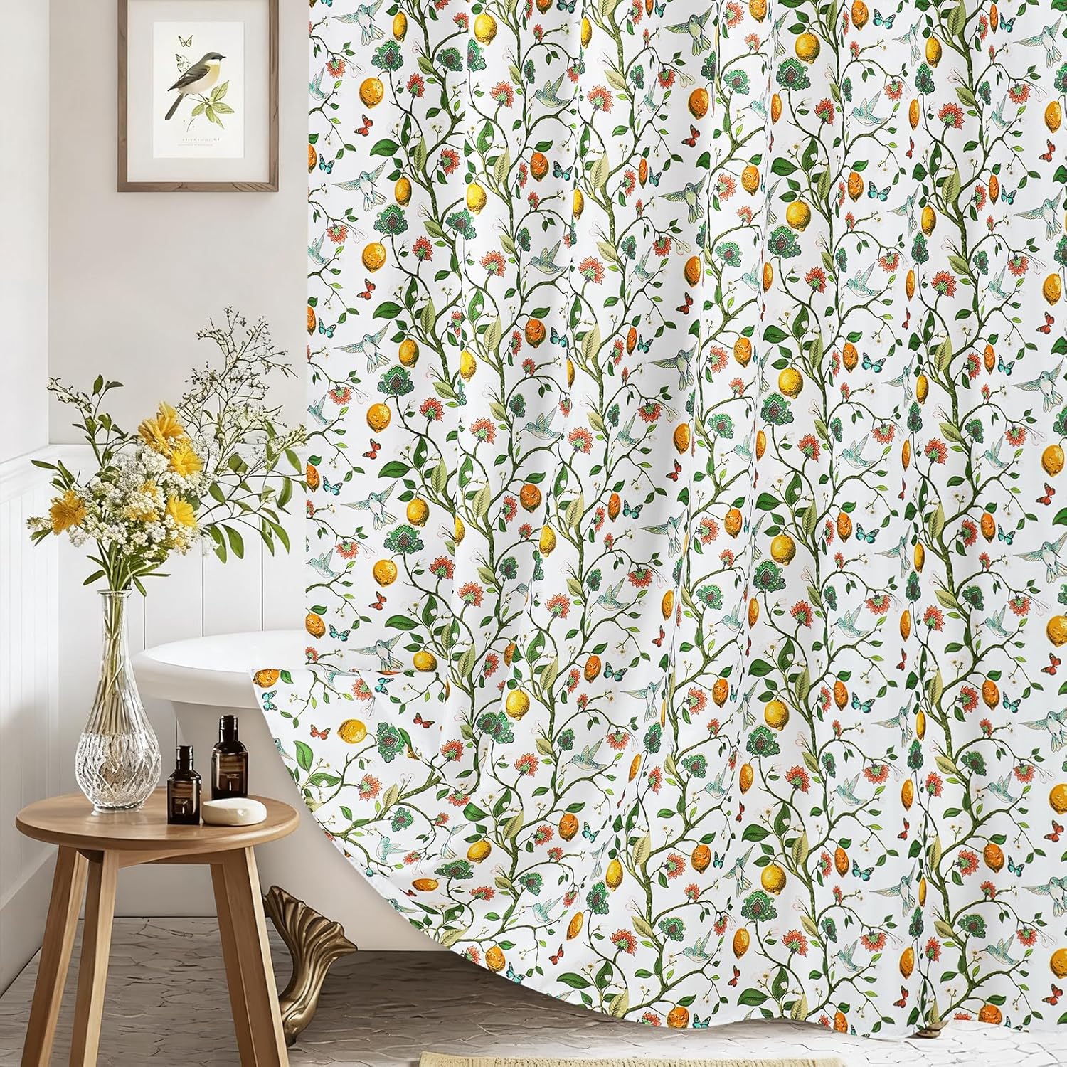 Floral Bird Shower Curtain, Victorian Shower Curtain 72x84, Hummingbird Jungle Victorian Farmhouse Botanical Shower Curtain for Bathroom, Chic French Country Style