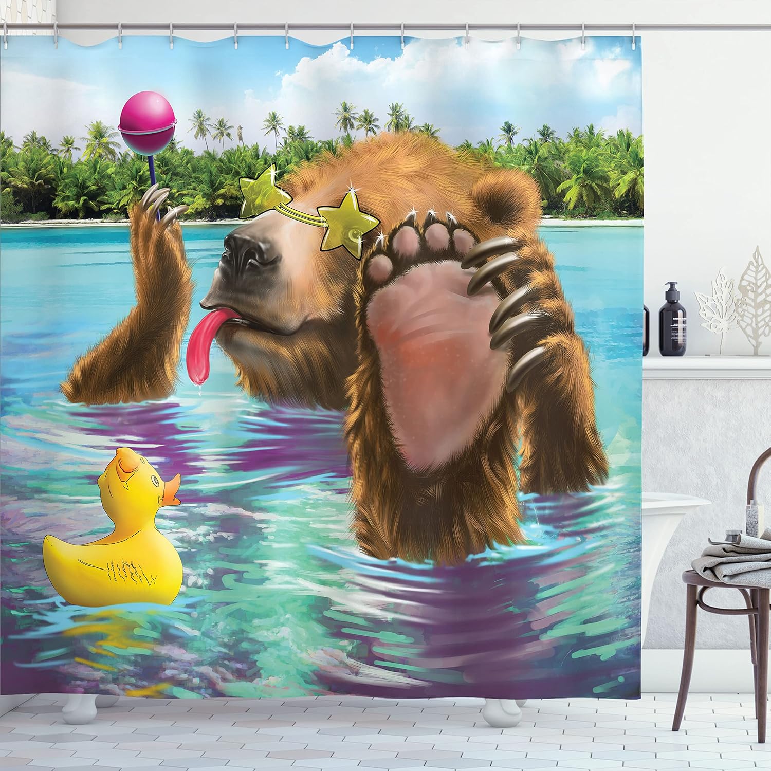 Ambesonne Animal Shower Curtain, Happy Wild Bear in The Sea by Beach its Sunglasses Candies Print, Cloth Fabric Bathroom Decor Set with Hooks, 69" W x 70" L, Indigo Brown Yellow