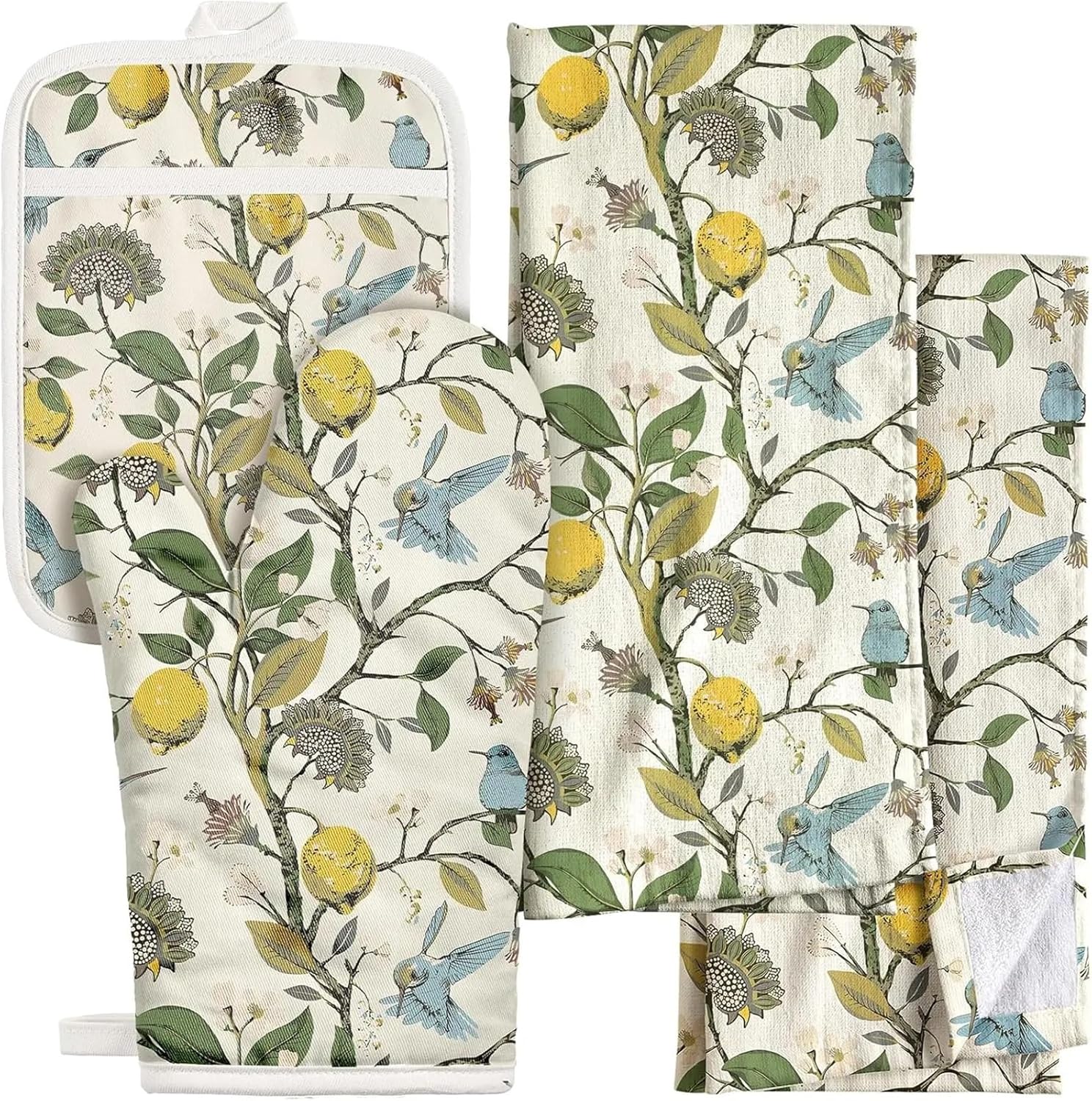 4-Pack Quilted Kitchen Towels, Oven Mitt & Pot Holder Set - Heat, Cute Farmhouse Boho Design with Hanging Loop