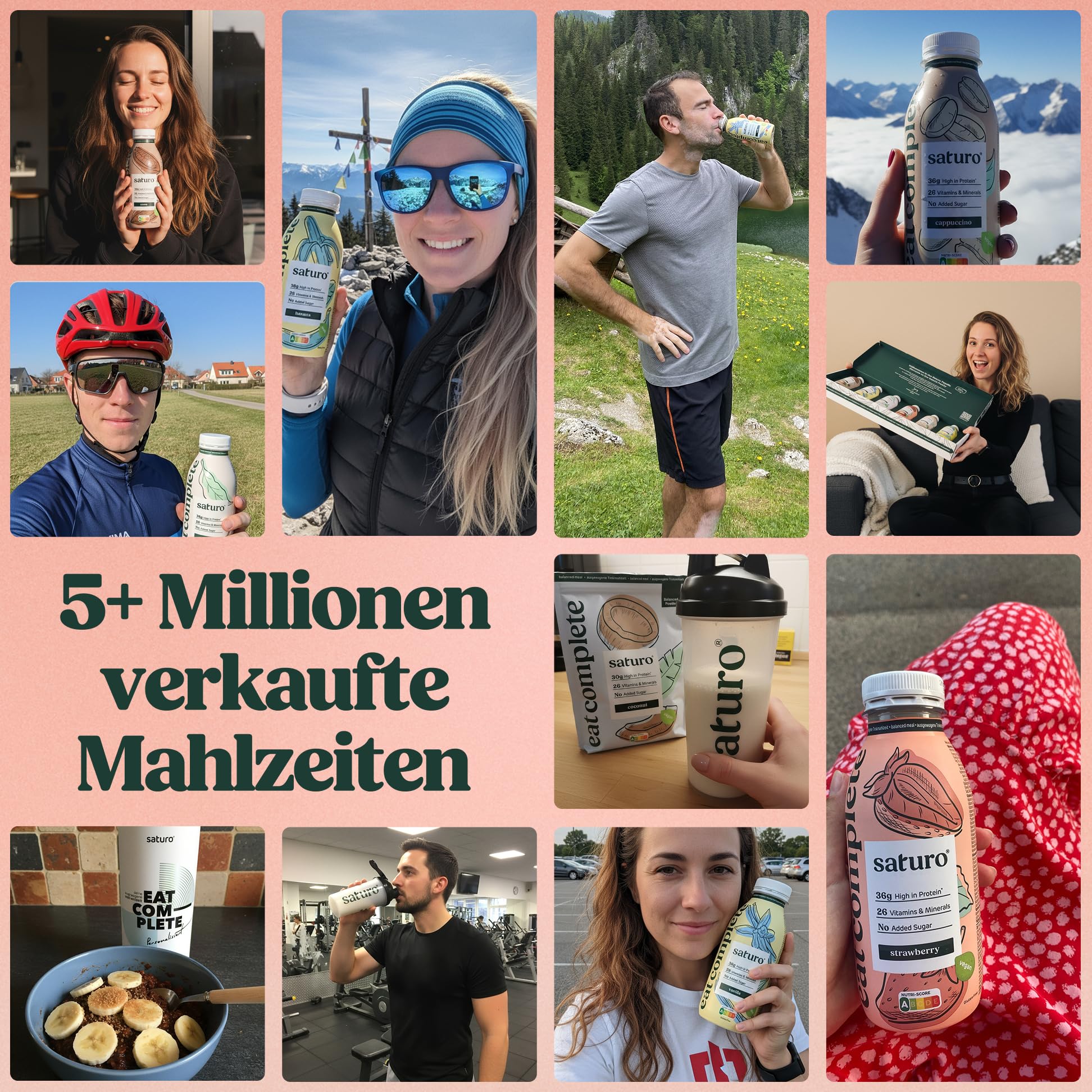 Saturo Astronautennahrung Strawberry | Trinkmahlzeit | 36 g Protein, zuckerfrei, 400 kcal | Trinknahrung Mit Wertvollen Nährstoffen | 6 x 400 ml